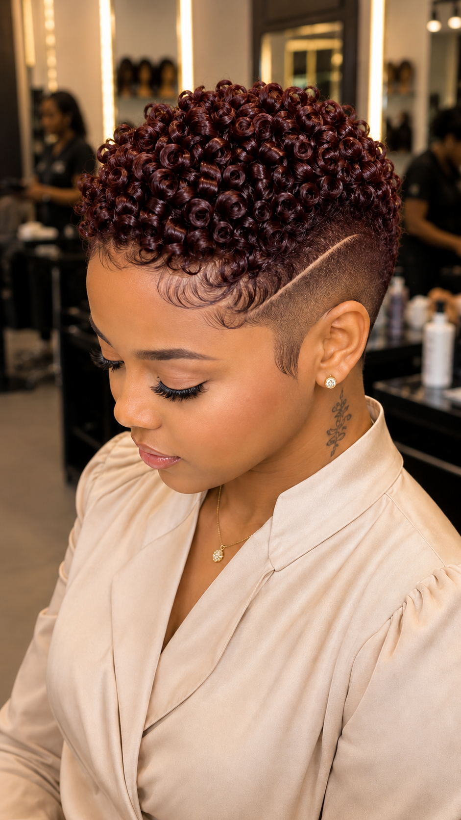 A Continuous Deep Merlot Ringlet Crown Floats Over A Hand-Ventilated Shadow Fade Pixie #apdh