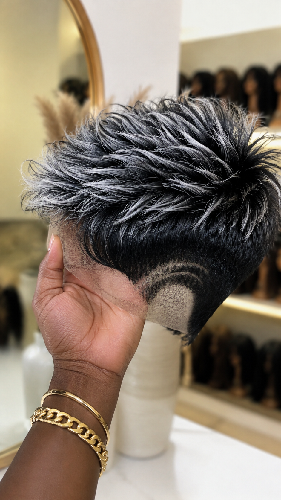 A Salt-And-Pepper Pixie Wig Isn’t Grey Hair, It’s White Strands Placed One At A Time #haircutsforwomensh A Salt-And-Pepper Pixie Wig Isn’t Grey Hair, It’s White Strands Placed One At A Time #haircutsforwomensh