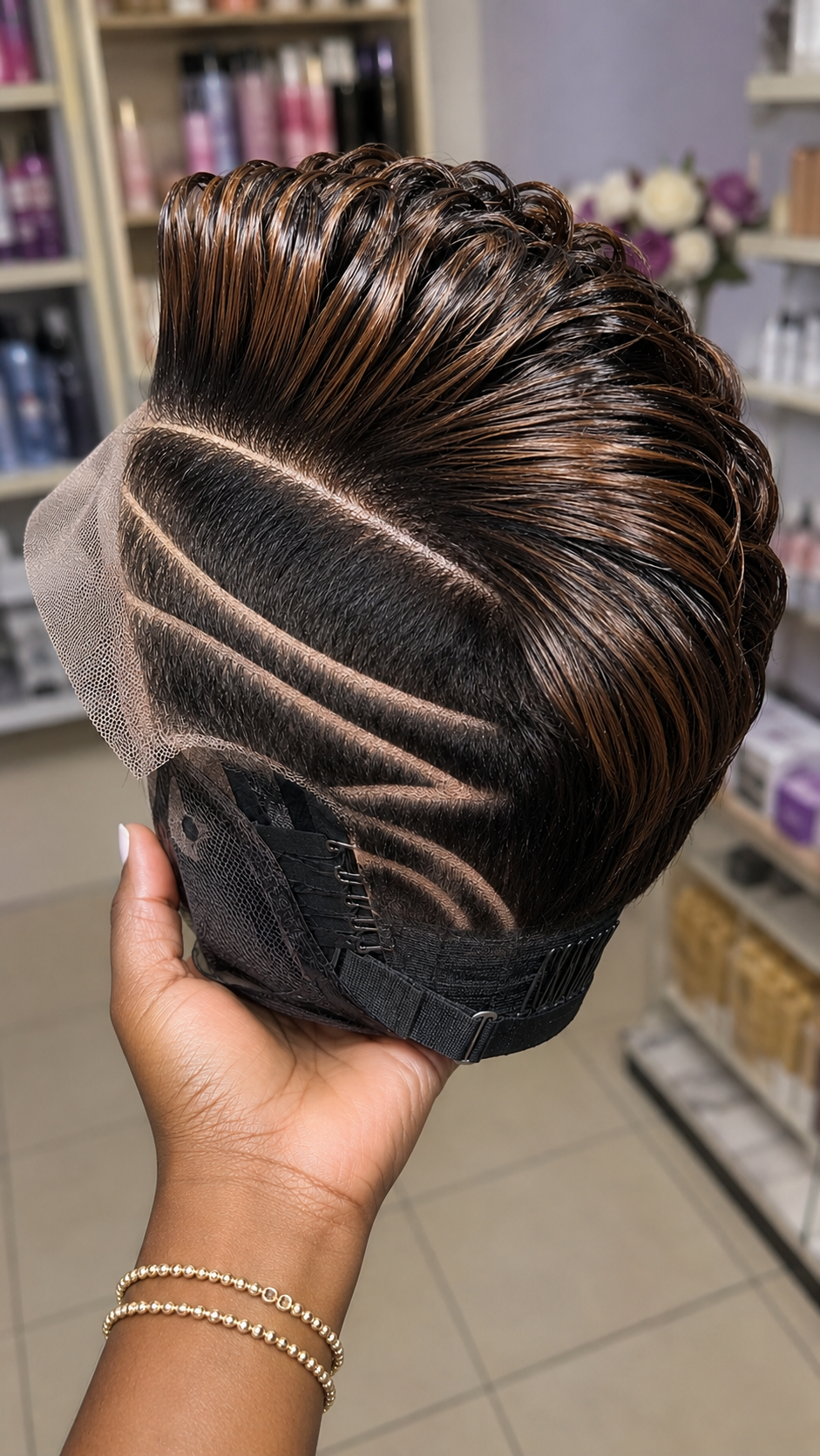 Continuous Zig-Zag Chevron Razor Tracks Anchor An Espresso Bronze Pompadour Pixie Wig #StylistStudioMSCh Continuous Zig-Zag Chevron Razor Tracks Anchor An Espresso Bronze Pompadour Pixie Wig #StylistStudioMSCh