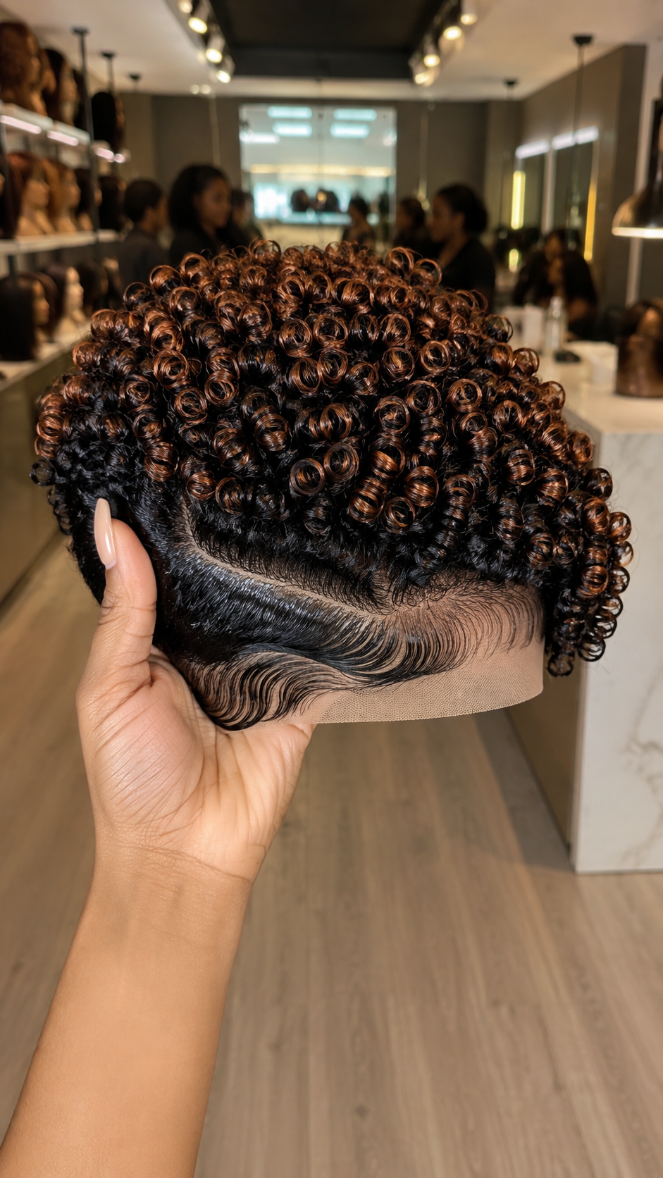 A Curved Hard Part Connects Chestnut Balayage Rosette Coils With Molded Side Compression #fah