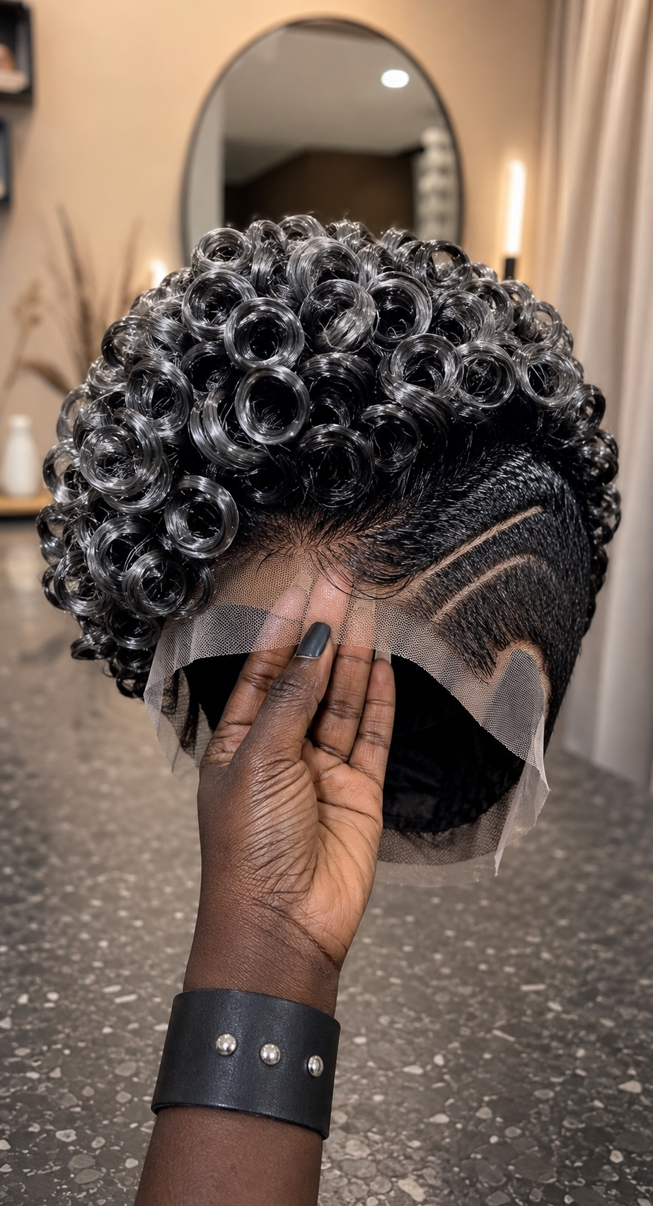 Triple Curved Razor Tracks Anchor A Frosted Charcoal Rosette Pixie Wig Over A Dark Shadow Fade #bwi