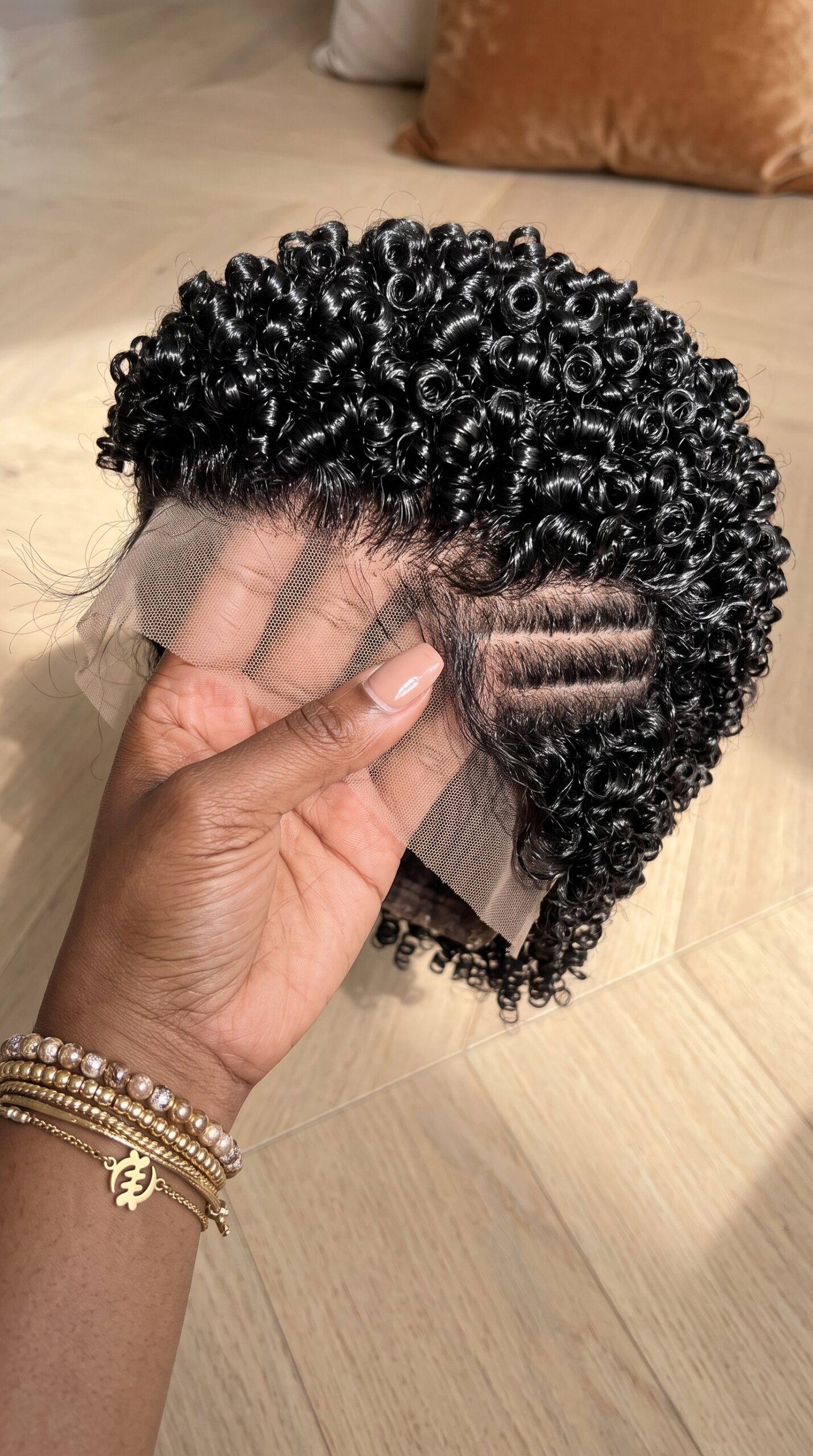 Four Parallel Carved Parting Channels Set The Geometric Balance On A Wet-Look Ringlet Pixie Wig #stayglamsch