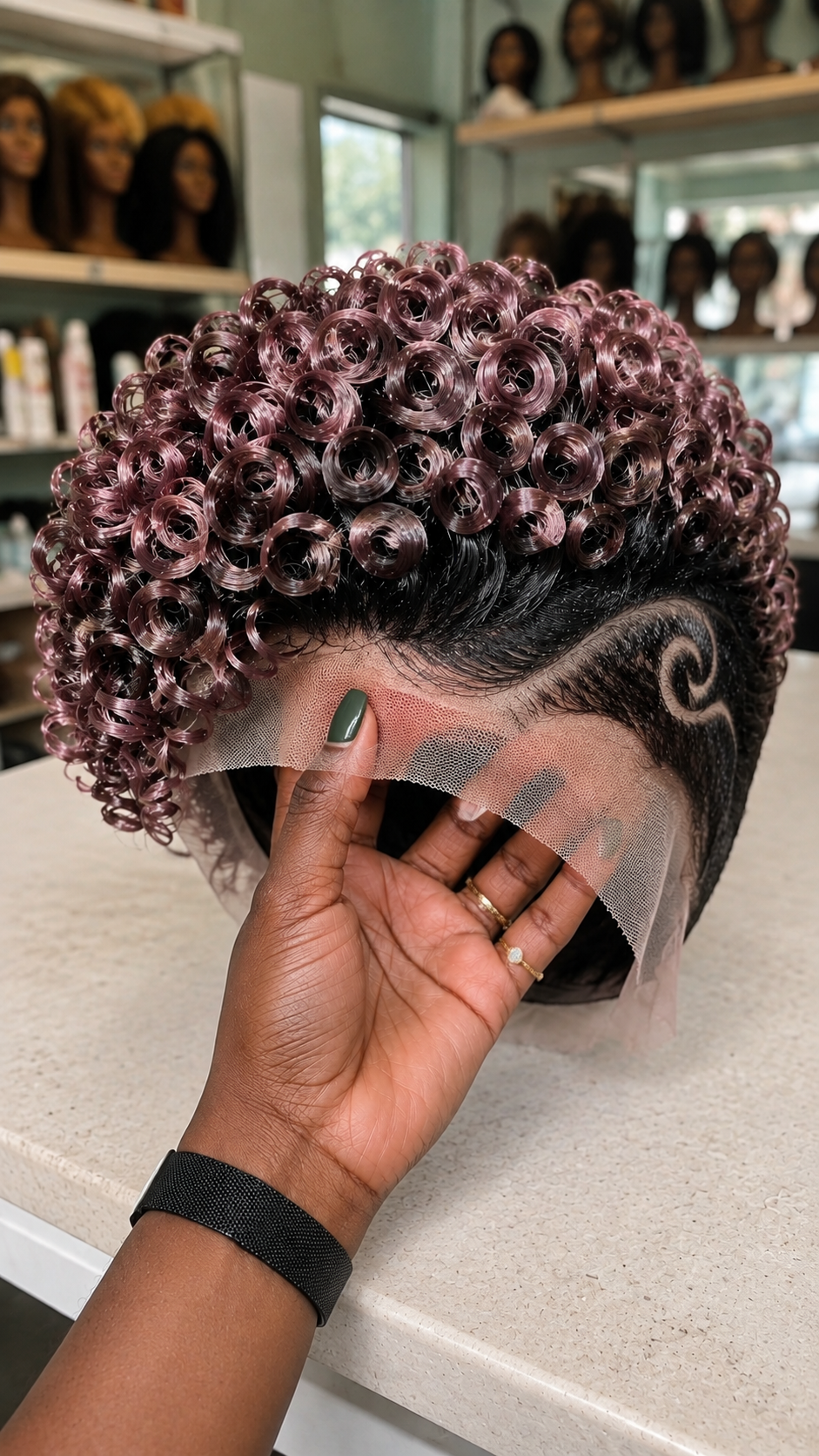 A Spiral Scroll Razor Motif Balances A Mauve Plum Rosette Pixie Wig Over A Dark Shadow Fade #fah A Spiral Scroll Razor Motif Balances A Mauve Plum Rosette Pixie Wig Over A Dark Shadow Fade #fah