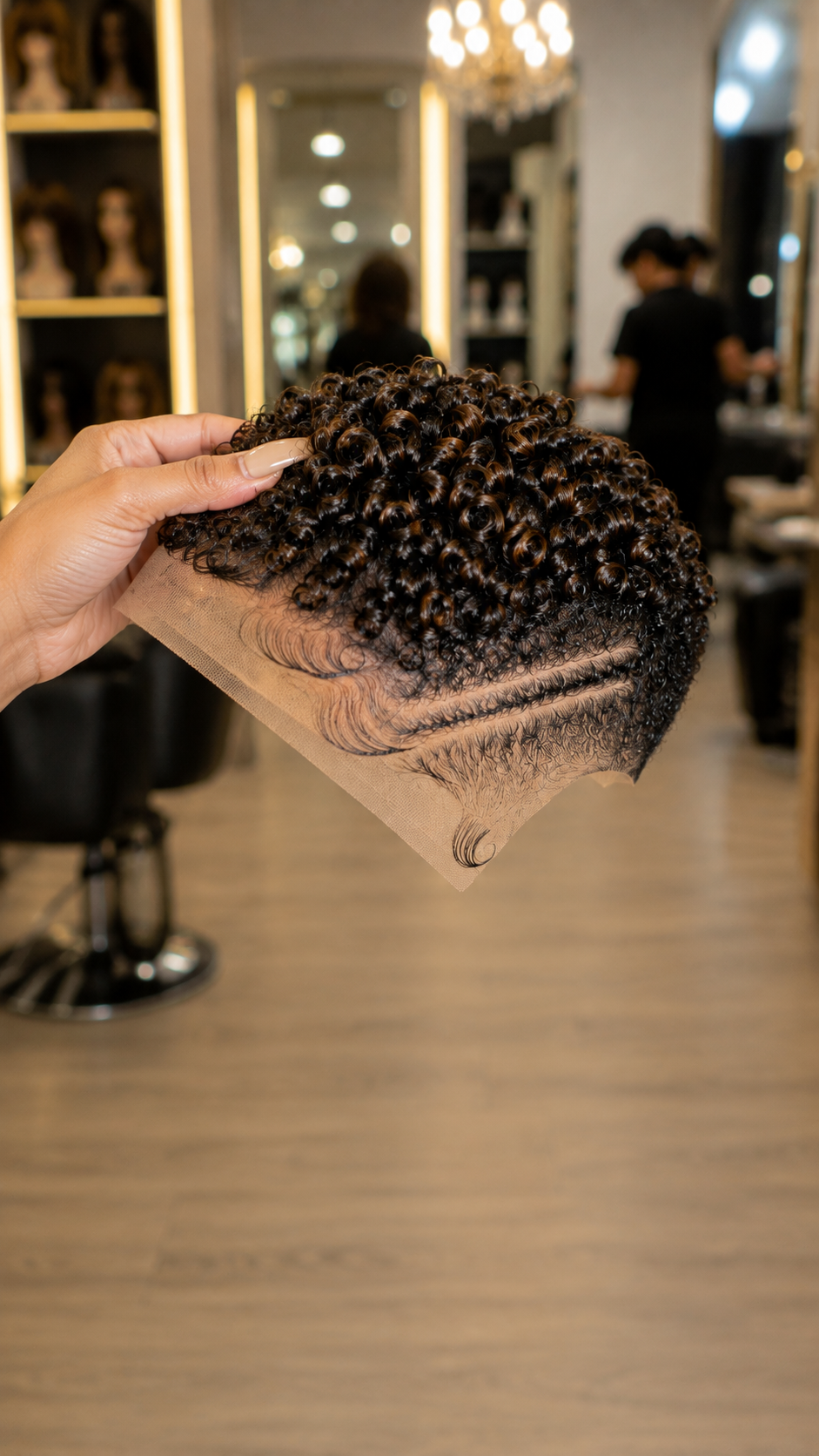 Dual Linear Razor Tracks Anchor A Chestnut-Tipped Ringlet Pixie Wig Over A Precision Shadow Fade #afth