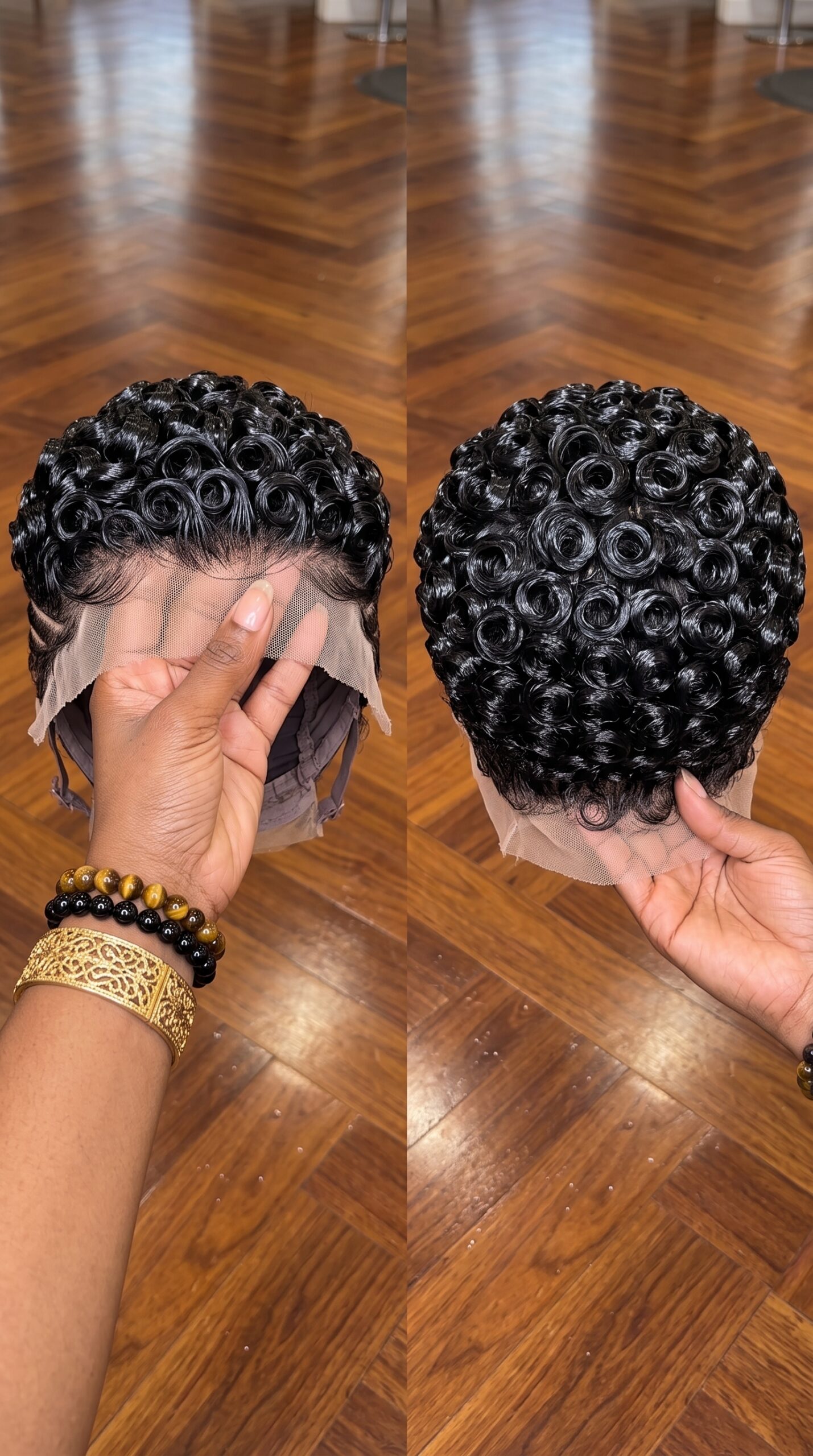 A 360 Full Perimeter Lace Cap Bridges Flat Crown Rosettes With A Feathered Nape Across An Uncarved Pixie Wig #BestHairstylesIdeasc