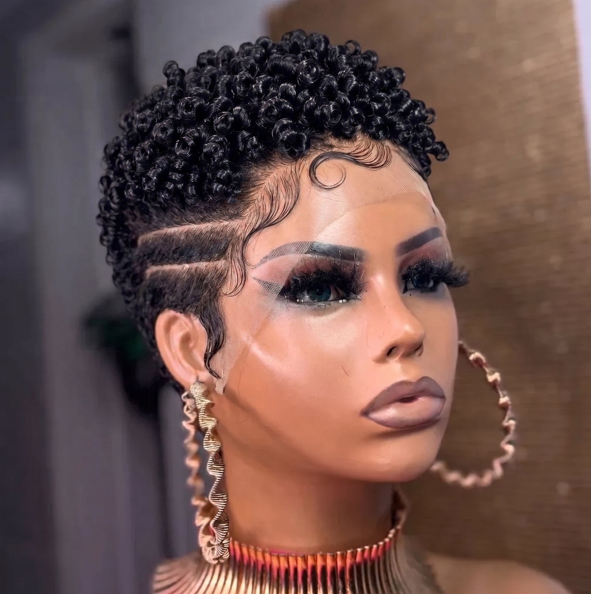 Where To Buy This Jet Black Tight-Coil Pixie Wig With Dual Razor Stripes And Sheer Forehead Lace #fl