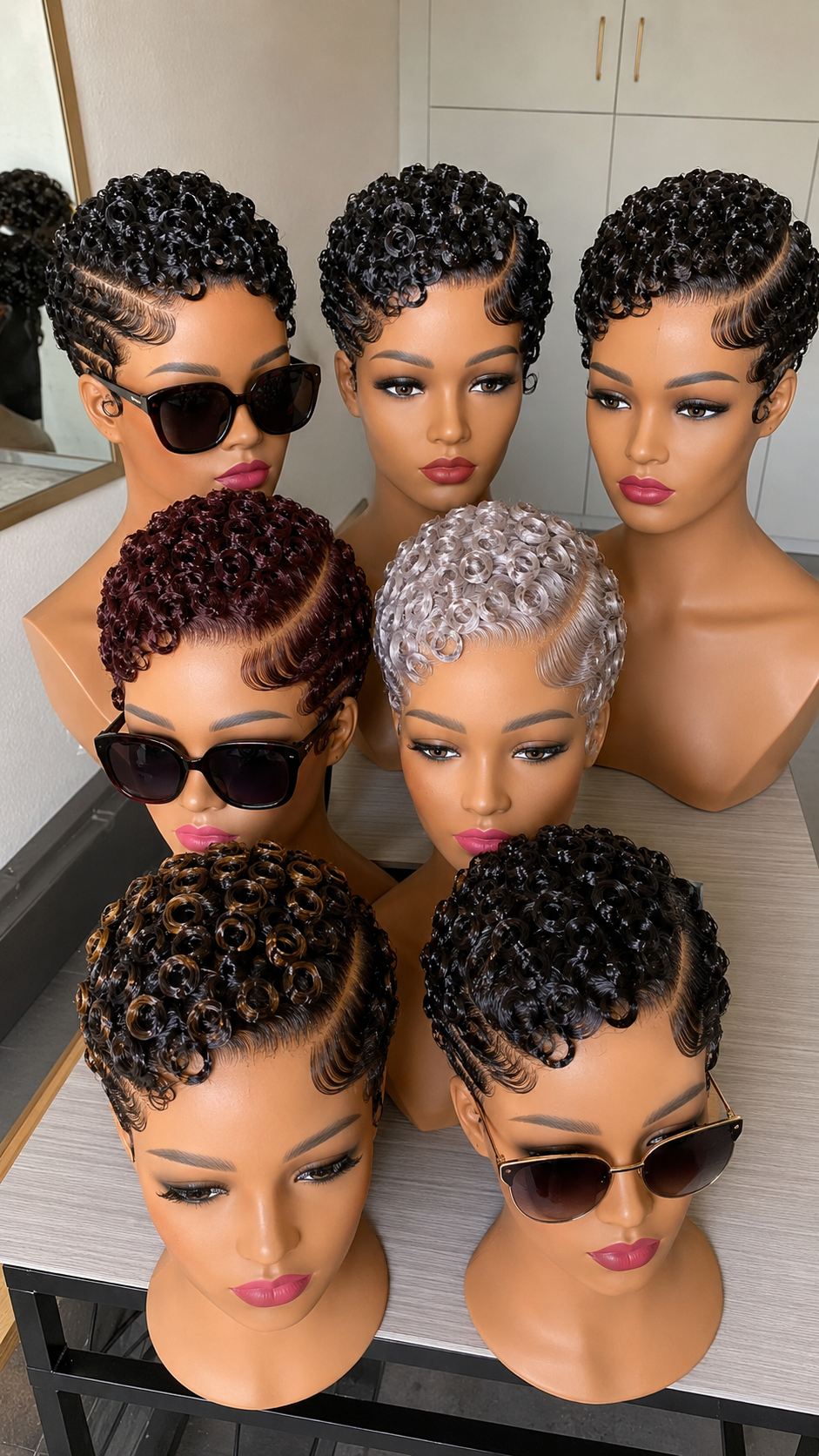 A Multi-Tone Display Demonstrates How Vintage Swirl Disc Molding Adapts Across Short Pixie Wigs #stayglamsc