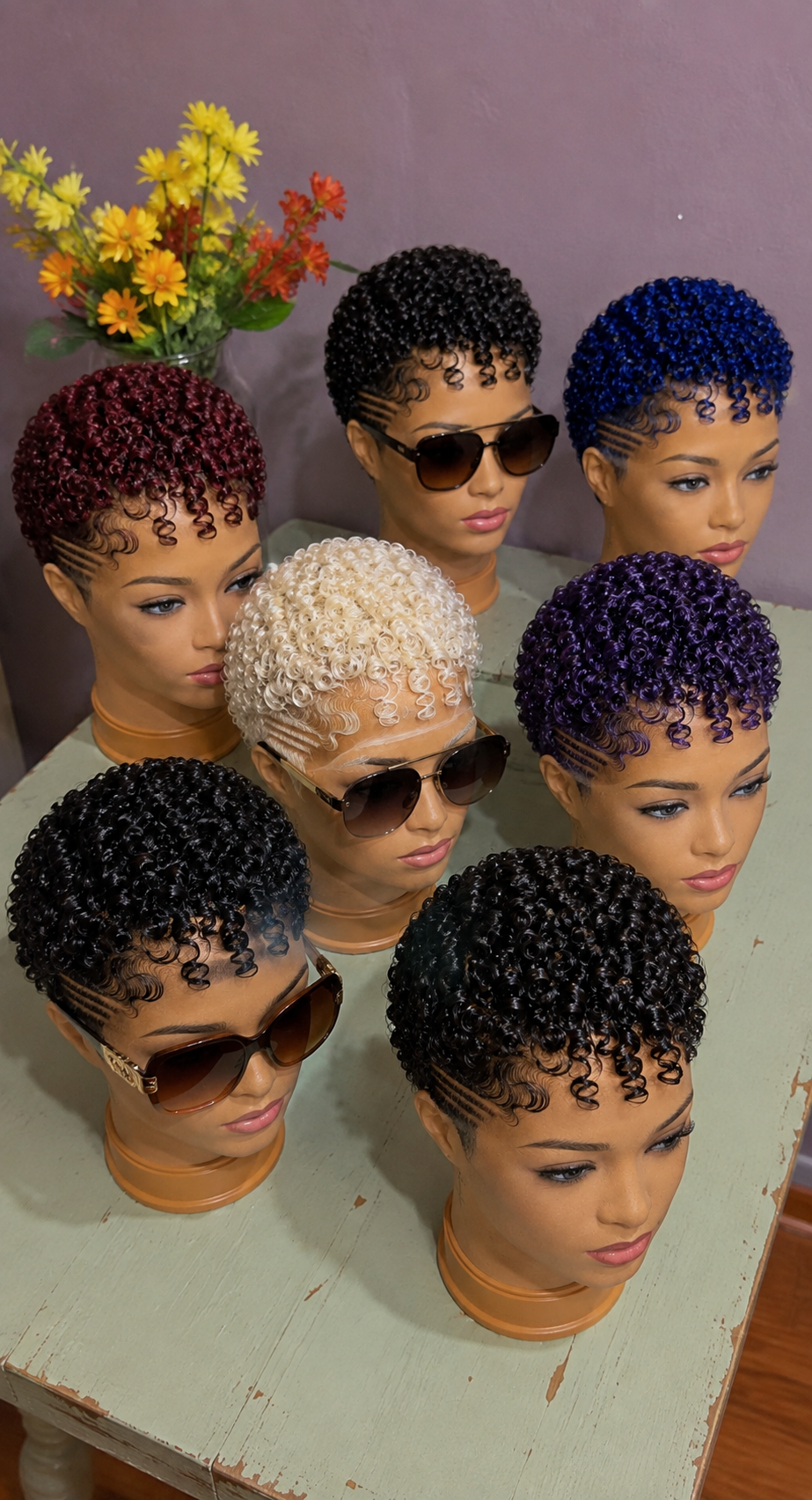 Quad Parallel Razor Tracks Divide A Low Temple Fade From Drop-Curl Fringe Across Seven Pixie Colorways #haircutsforwomens Quad Parallel Razor Tracks Divide A Low Temple Fade From Drop-Curl Fringe Across Seven Pixie Colorways #haircutsforwomens