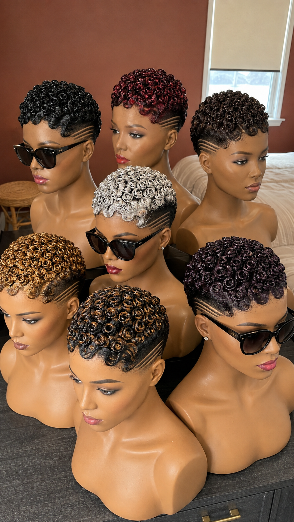 Four Parallel Razor Tracks Define The Boundary Between Molded Rosette Coils And Temple Fades Across Seven Pixie Colorways #StylistStudioMSC Four Parallel Razor Tracks Define The Boundary Between Molded Rosette Coils And Temple Fades Across Seven Pixie Colorways #StylistStudioMSC