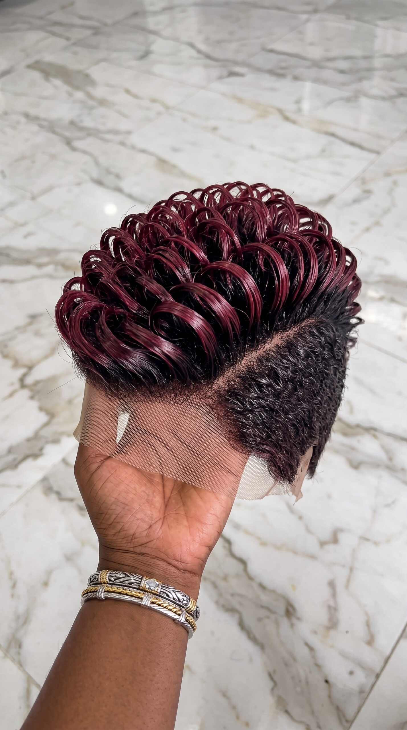 Deep Merlot Burgundy Loop Arches Elevate A Sculpted Pompadour Crest Above A Natural Shadow Fade #braids.beautiess