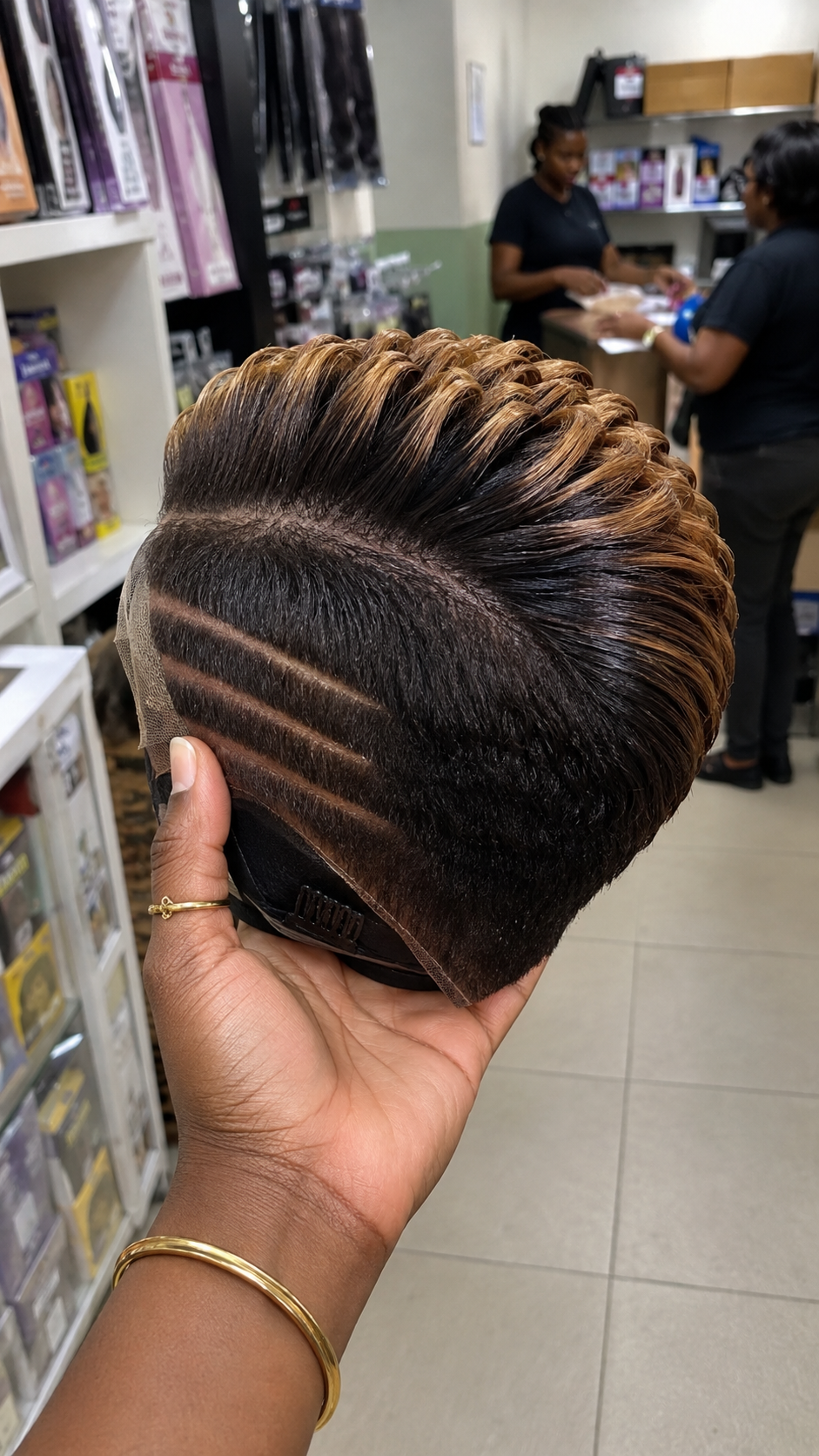 Four Razor Channels Anchor The Undercut Fade On A Honey-Tipped Pompadour Pixie Wig #StayGlamHairstyleh Four Razor Channels Anchor The Undercut Fade On A Honey-Tipped Pompadour Pixie Wig #StayGlamHairstyleh