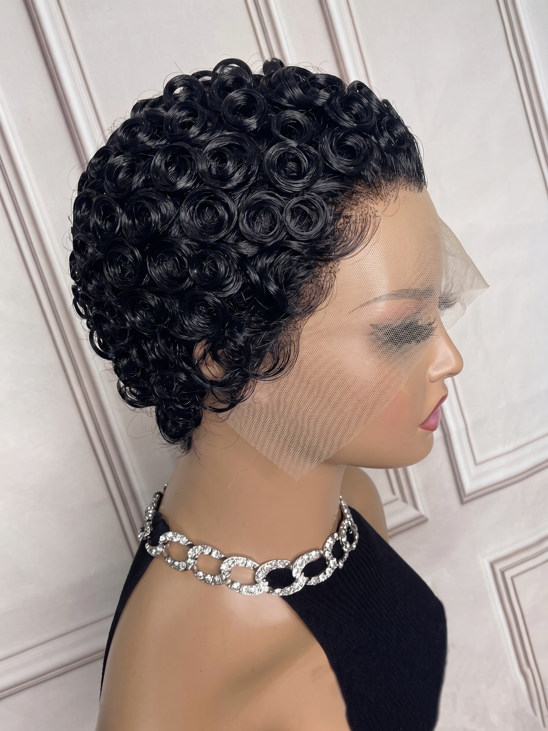 Dense Rosette Spiral Coils Frame An Extended HD Lace Ear-Tab Across An Uncarved Obsidian Pixie Crop #ss