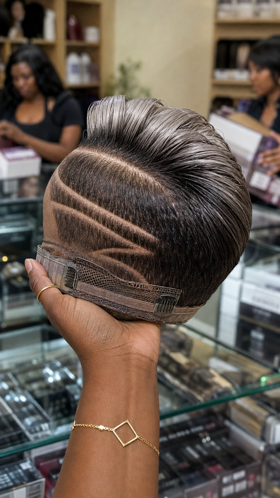 Geometric Razor Carving And Silver-Tipped Ridges Define A Modern Undercut Pixie Wig #StylistStudioMSCh Geometric Razor Carving And Silver-Tipped Ridges Define A Modern Undercut Pixie Wig #StylistStudioMSCh