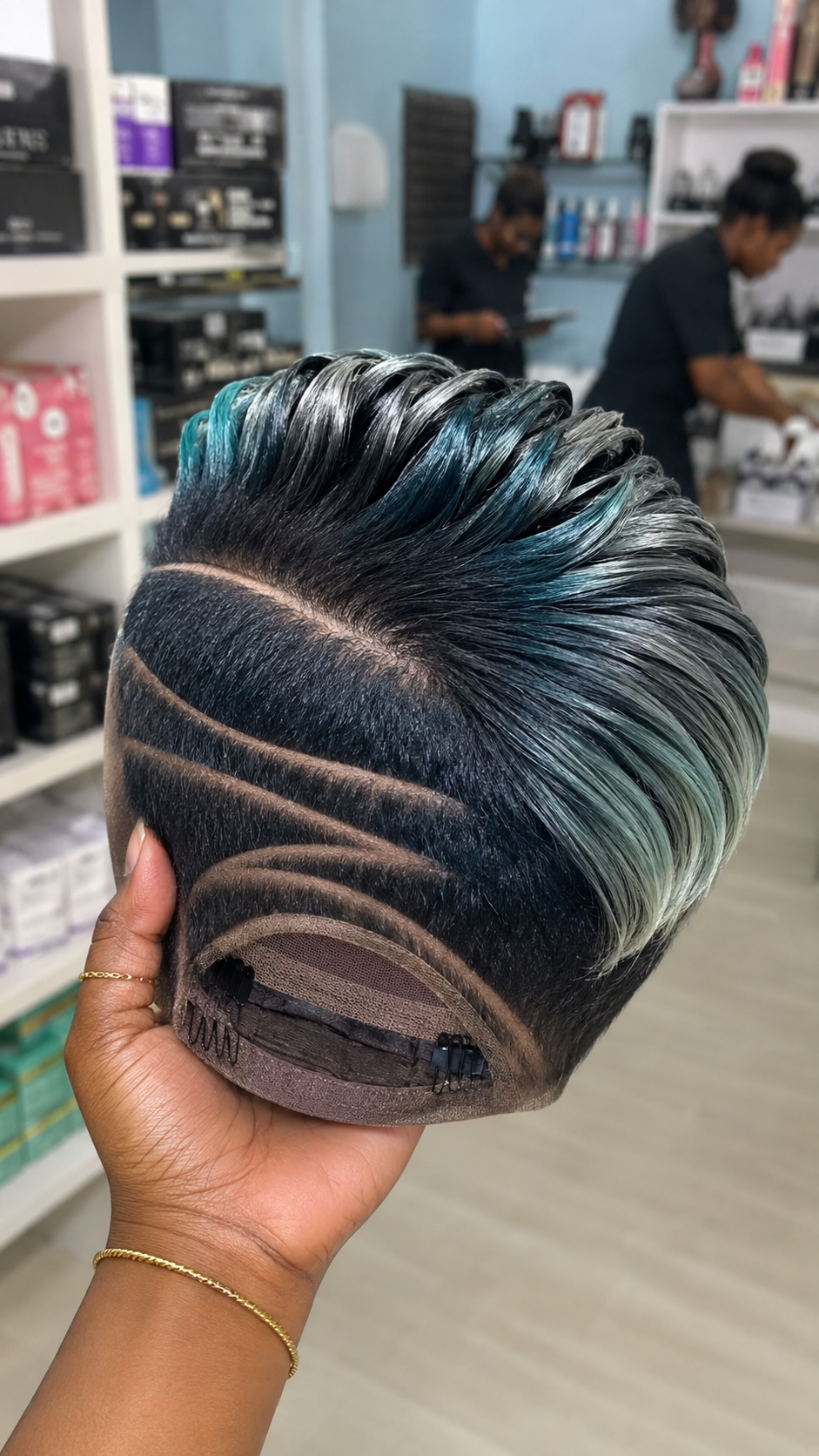 Metallic Peacock Teal Tipping Transforms A Geometric Undercut Pixie Wig #haircutsforwomensh Metallic Peacock Teal Tipping Transforms A Geometric Undercut Pixie Wig #haircutsforwomensh