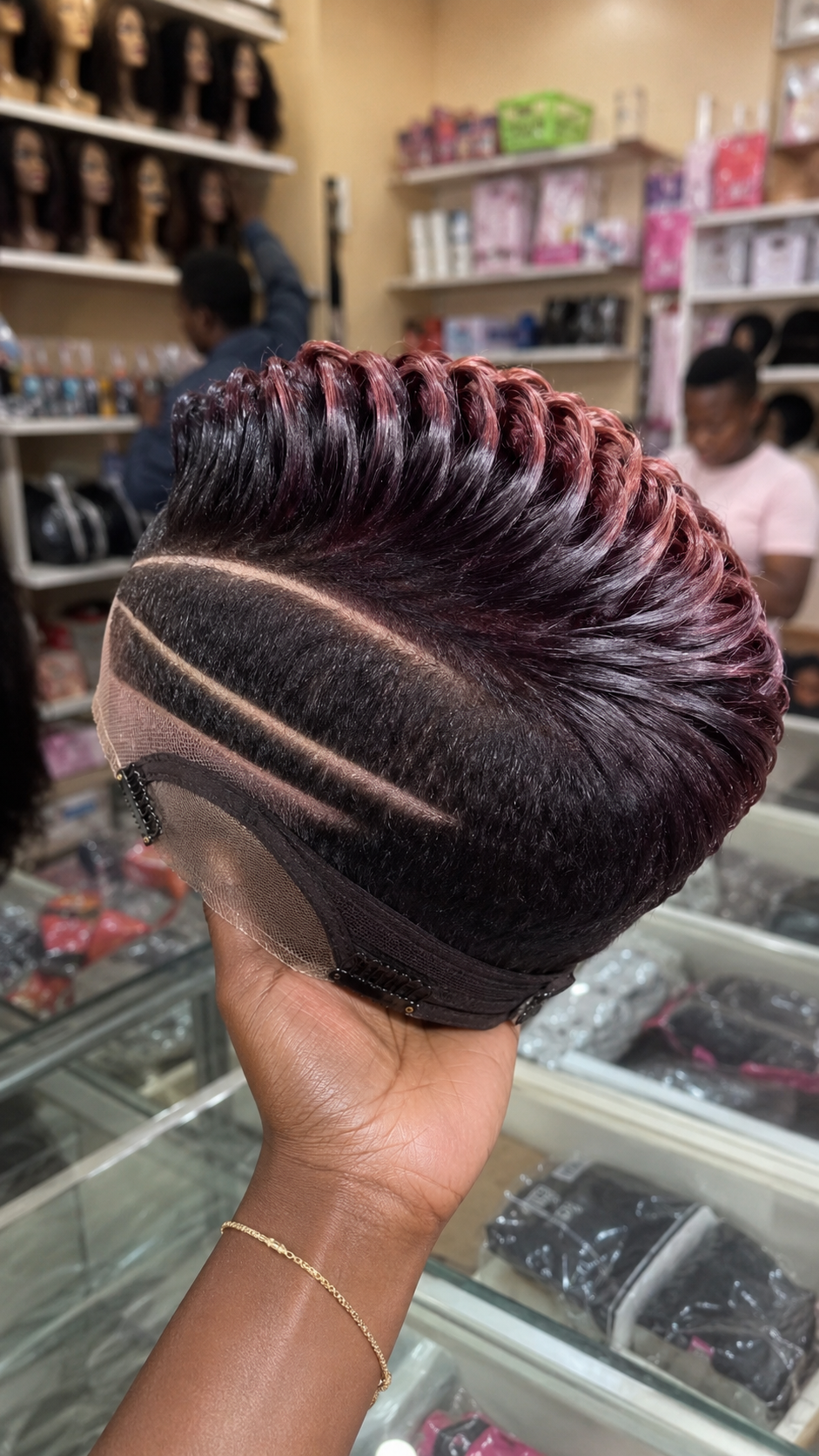 Dual Curved Razor Channels Anchor The Undercut Fade On A Wine-Tipped Pompadour Pixie Wig #yourfashionassistant Dual Curved Razor Channels Anchor The Undercut Fade On A Wine-Tipped Pompadour Pixie Wig #yourfashionassistant