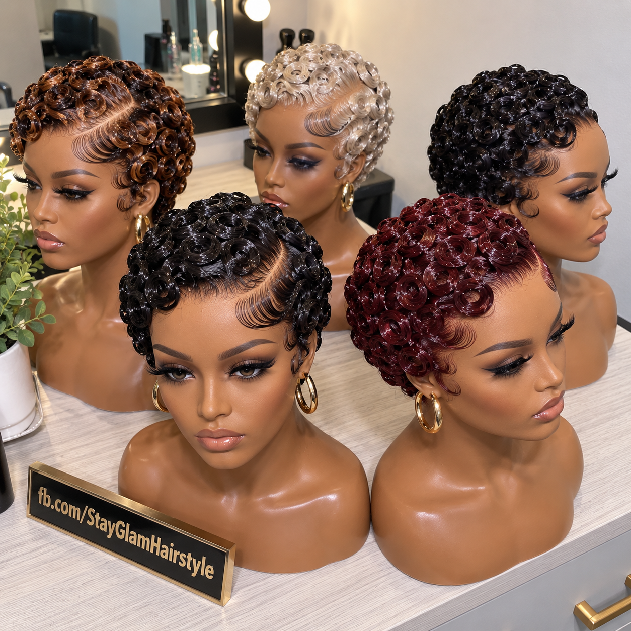 Polished Finger Curl Pixie Wig Collection in Espresso, Burgundy and Pearl Silver #stay
