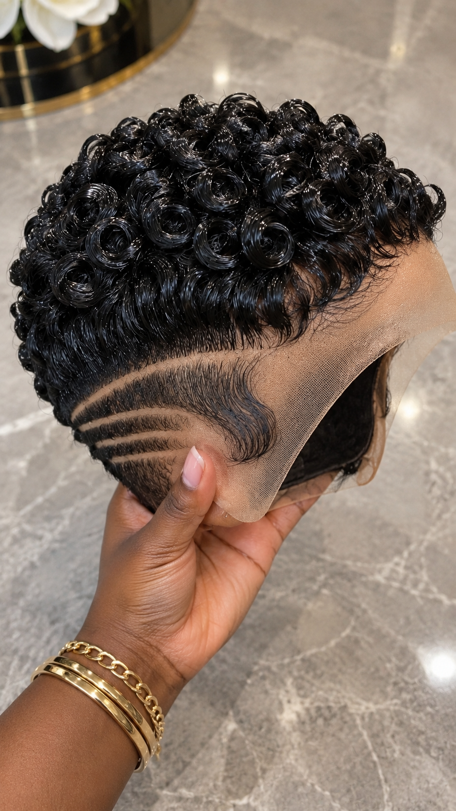 Jet Black Ringlet Pixie Wig With Triple Side Lines and Sculpted Wave #real Jet Black Ringlet Pixie Wig With Triple Side Lines and Sculpted Wave #real