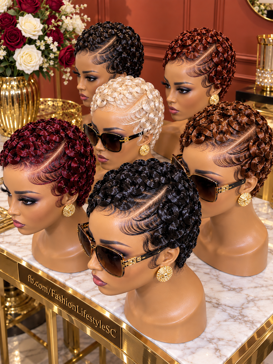 Burgundy, Copper, Black And Pearl Ring Curl Pixie Wigs With Sculpted Side Waves #fl