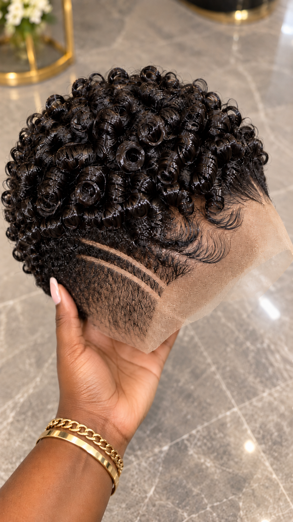 Deep Black Spiral Ringlet Wig With Double Curved Side Lines and Swooped Edges #real