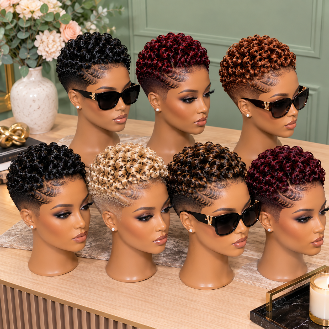 7 Circular Curl Pixie Wigs in Black, Burgundy, Copper and Blonde #hwby