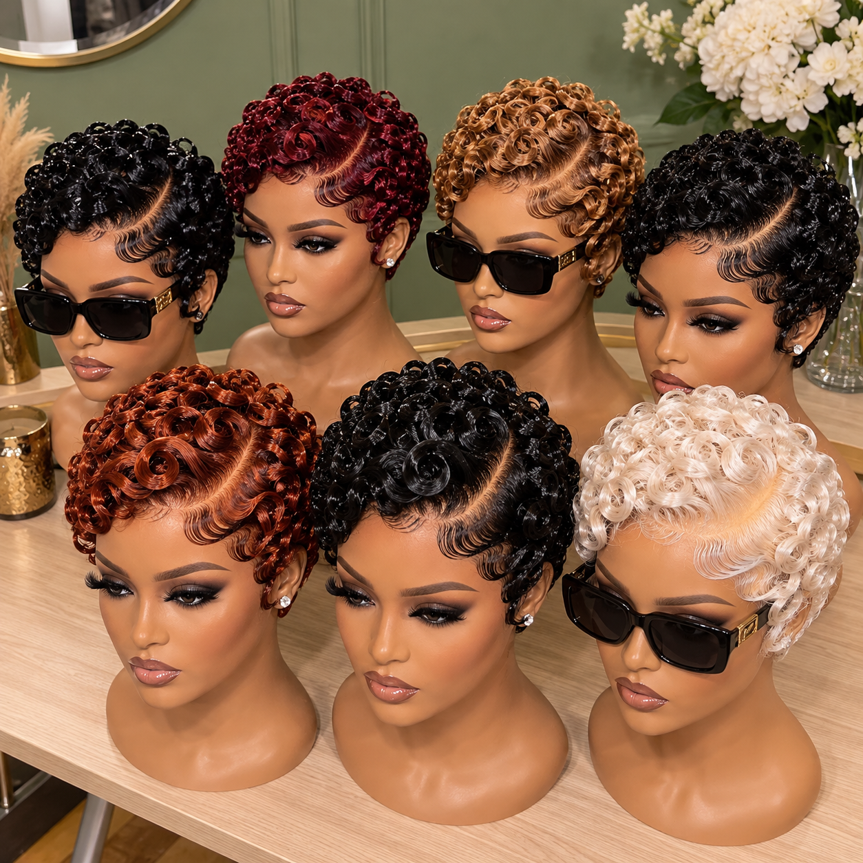 7 Glossy Finger Coil Pixie Wigs in Burgundy, Copper and Blonde #bb 7 Glossy Finger Coil Pixie Wigs in Burgundy, Copper and Blonde #bb
