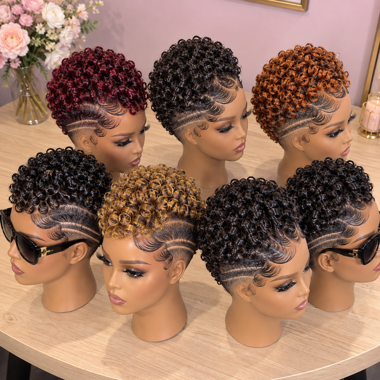 7 Glossy Ringlet Pixie Wigs in Burgundy, Copper and Blonde #the 7 Glossy Ringlet Pixie Wigs in Burgundy, Copper and Blonde #the