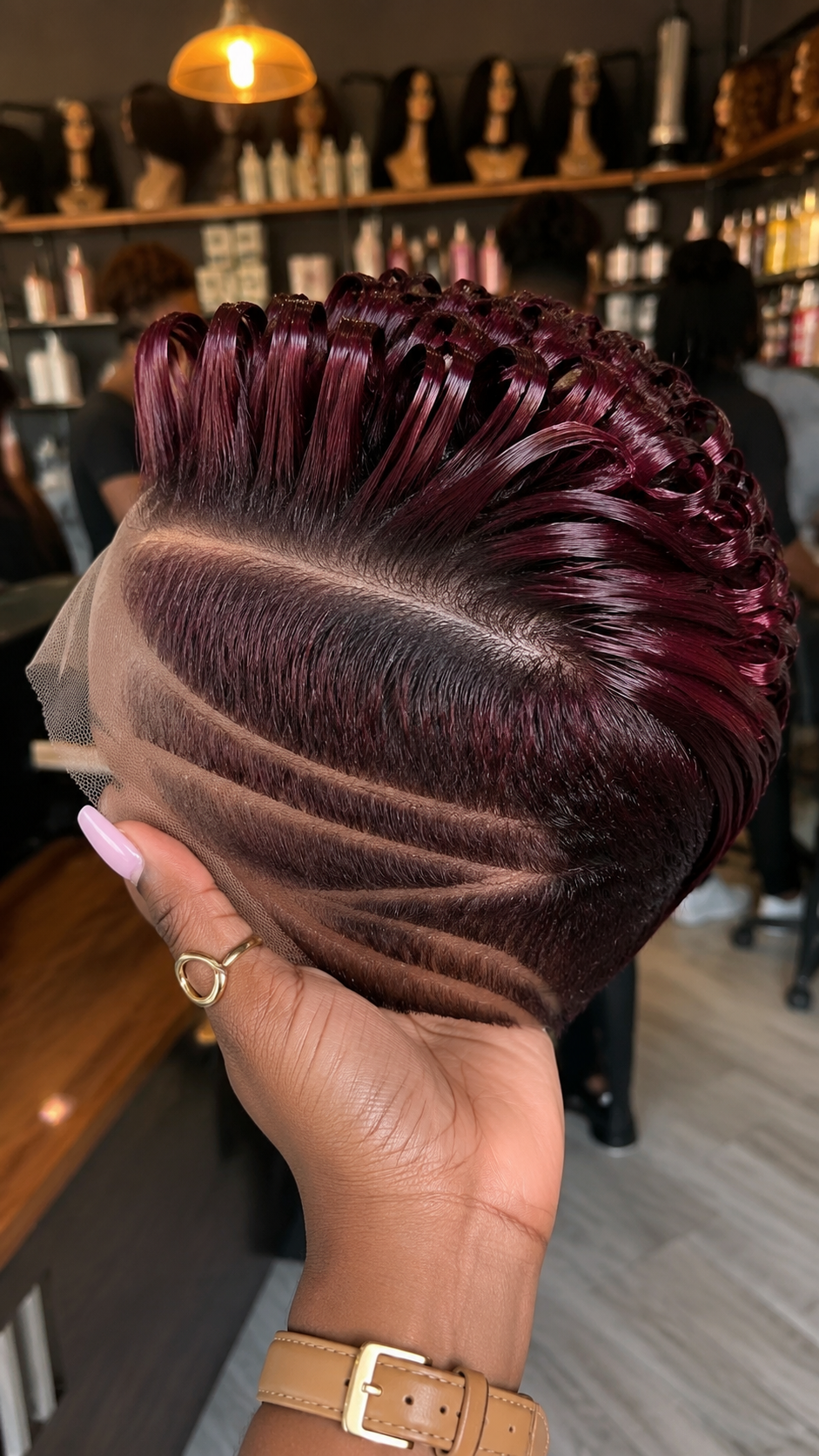 Deep Burgundy Sculpted Curl Pixie Wig With Sleek Side Detail #naturalhair.hairstyles