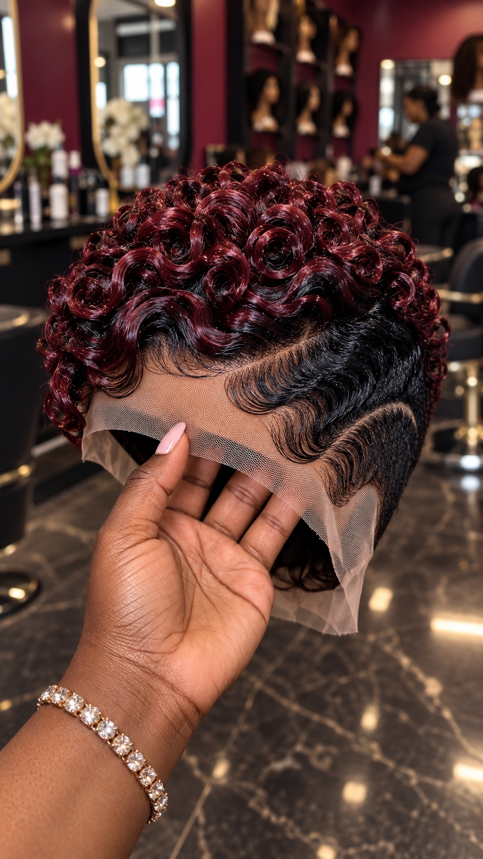 Burgundy Ringlet Pixie Wig With Sculpted Black Side Waves #eft Burgundy Ringlet Pixie Wig With Sculpted Black Side Waves #eft