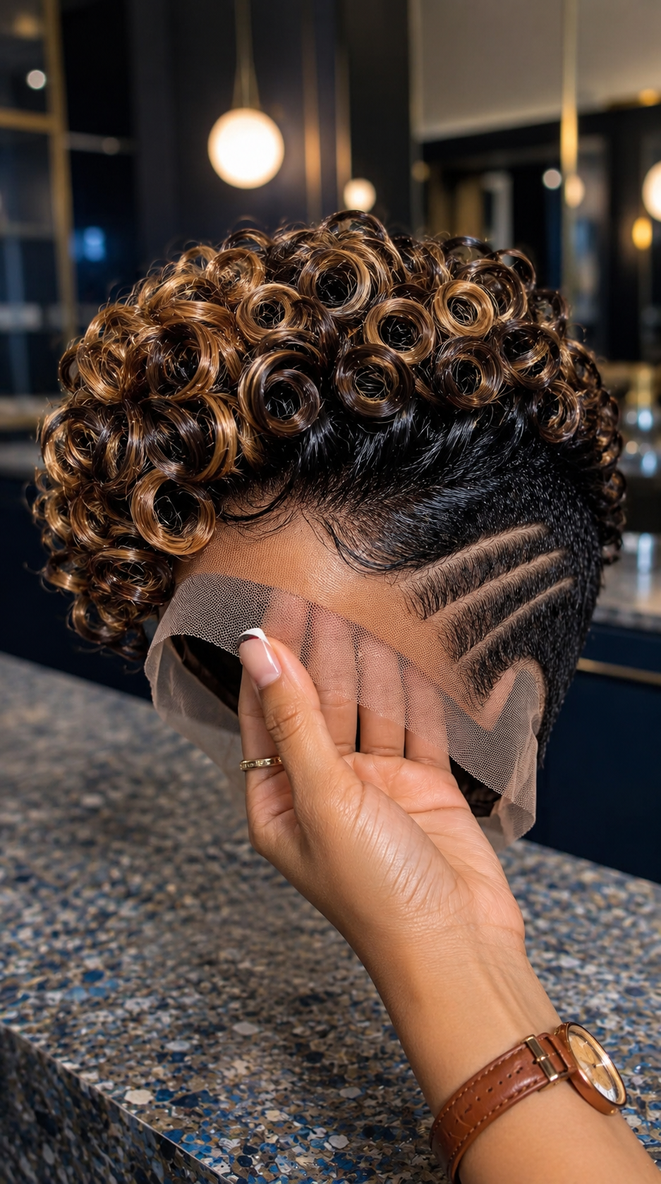 Caramel Brown Ringlet Pixie Wig With Triple Side Lines #aft Caramel Brown Ringlet Pixie Wig With Triple Side Lines #aft