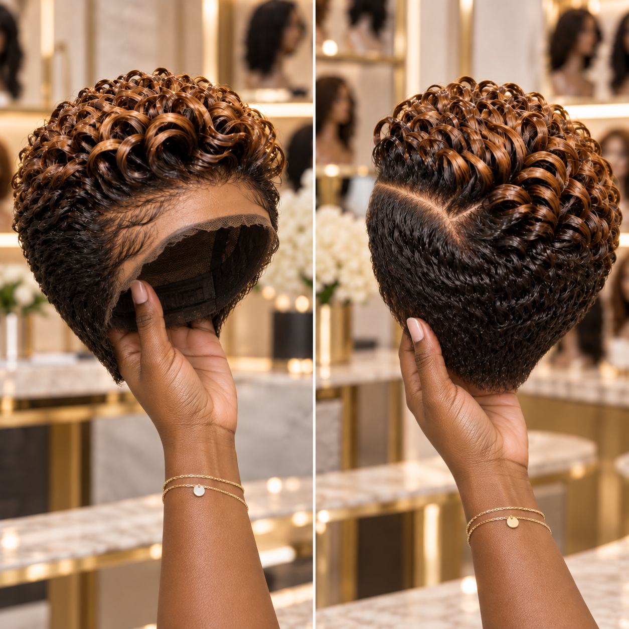 Caramel Copper Spiral Pixie Wig With Deep Side Part and Black Tapered Back #hwb