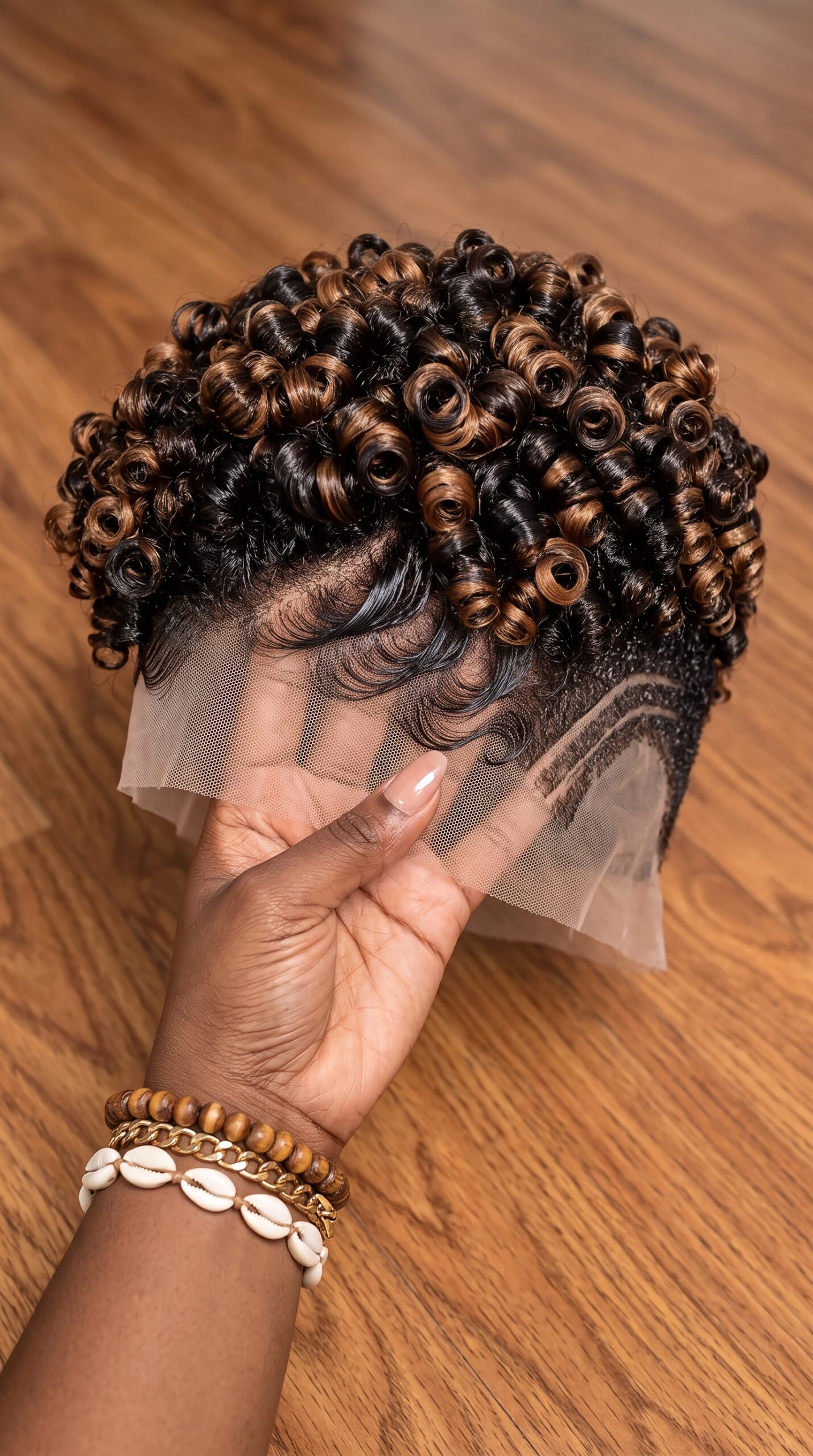 Caramel Highlight Ringlet Pixie Wig With Triple Curved Side Lines #real