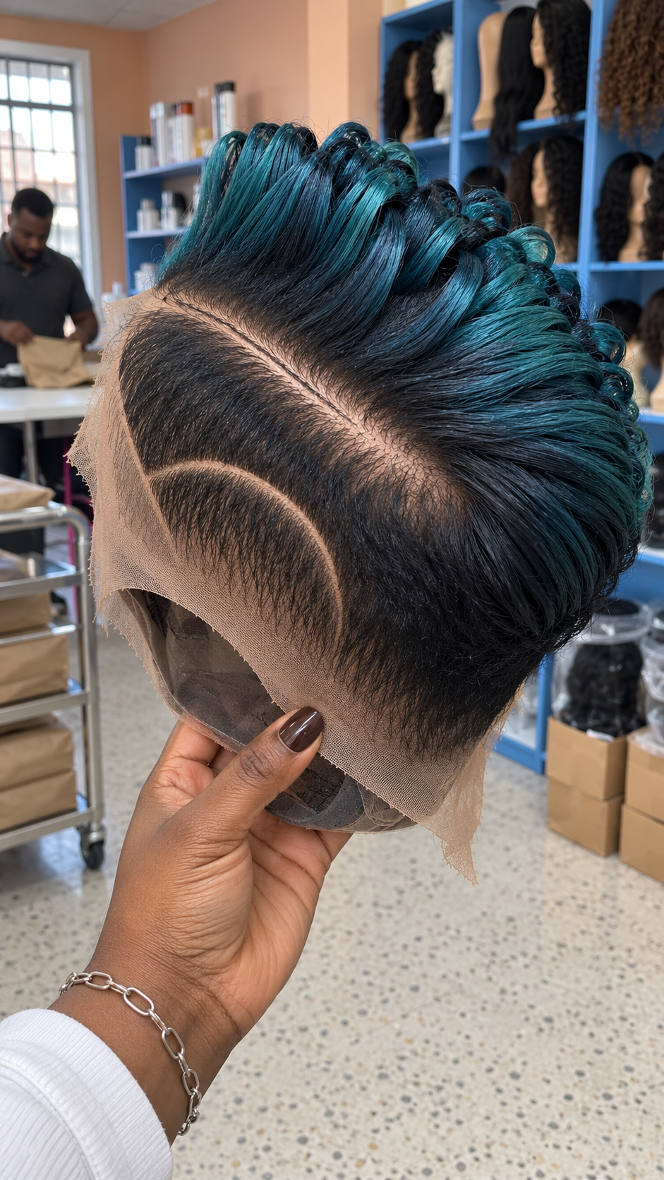 Deep Teal Loop Curl Pixie Wig With Curved Tapered Sides #apdh Deep Teal Loop Curl Pixie Wig With Curved Tapered Sides #apdh