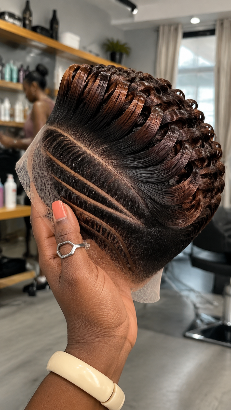 Chocolate Brown Pixie Wig With Copper Ribbon Curls and Triple Curved Side Lines #the