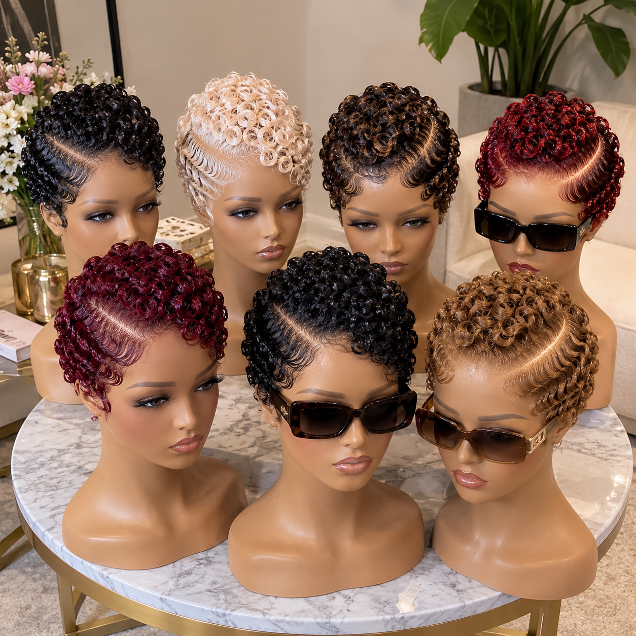 Jet Black, Burgundy and Honey Brown Finger Curl Pixie Wigs With Sweeping Side Waves #bwi