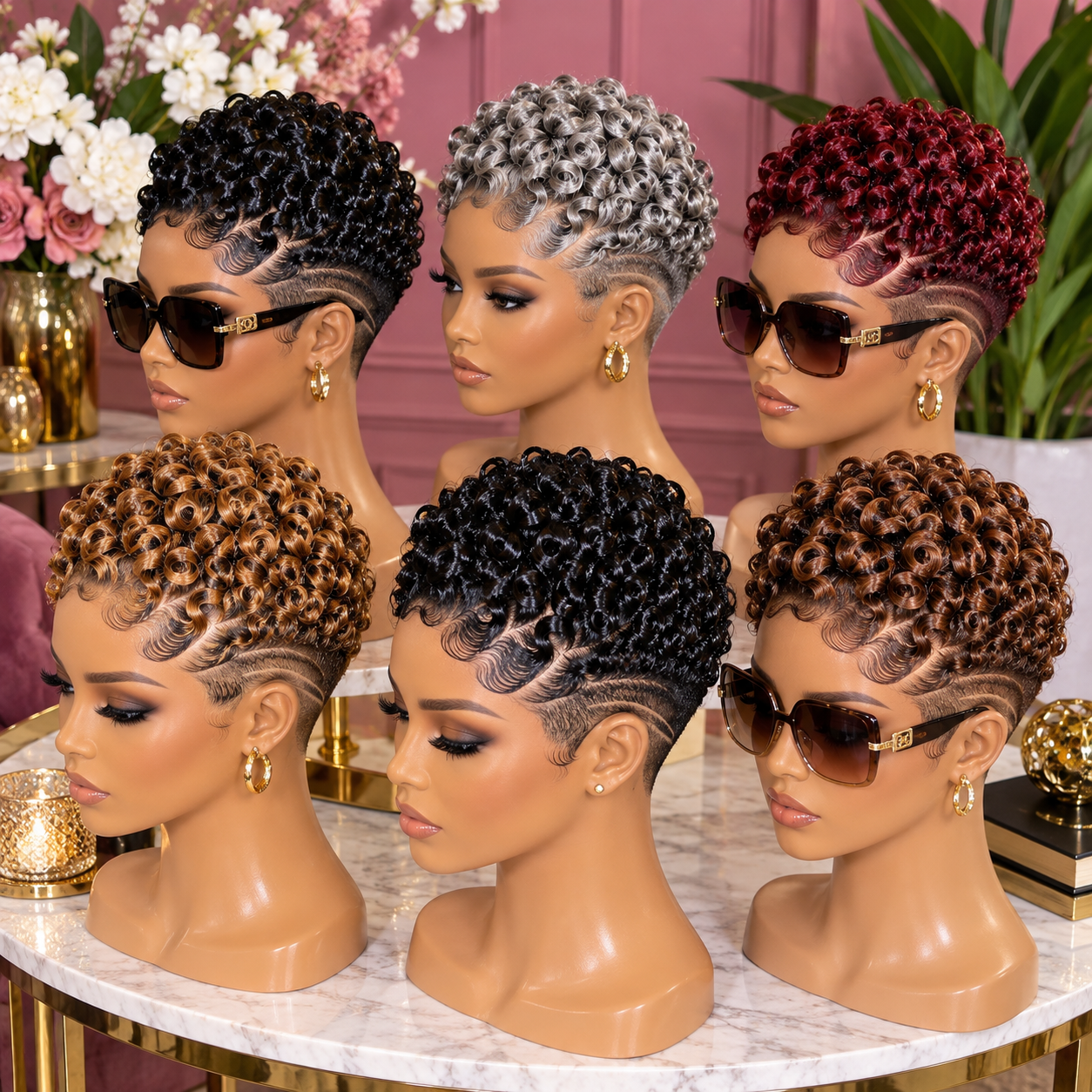 Curly Pixie Wigs With Sculpted Side Lines in Black, Silver, Burgundy and Copper #br