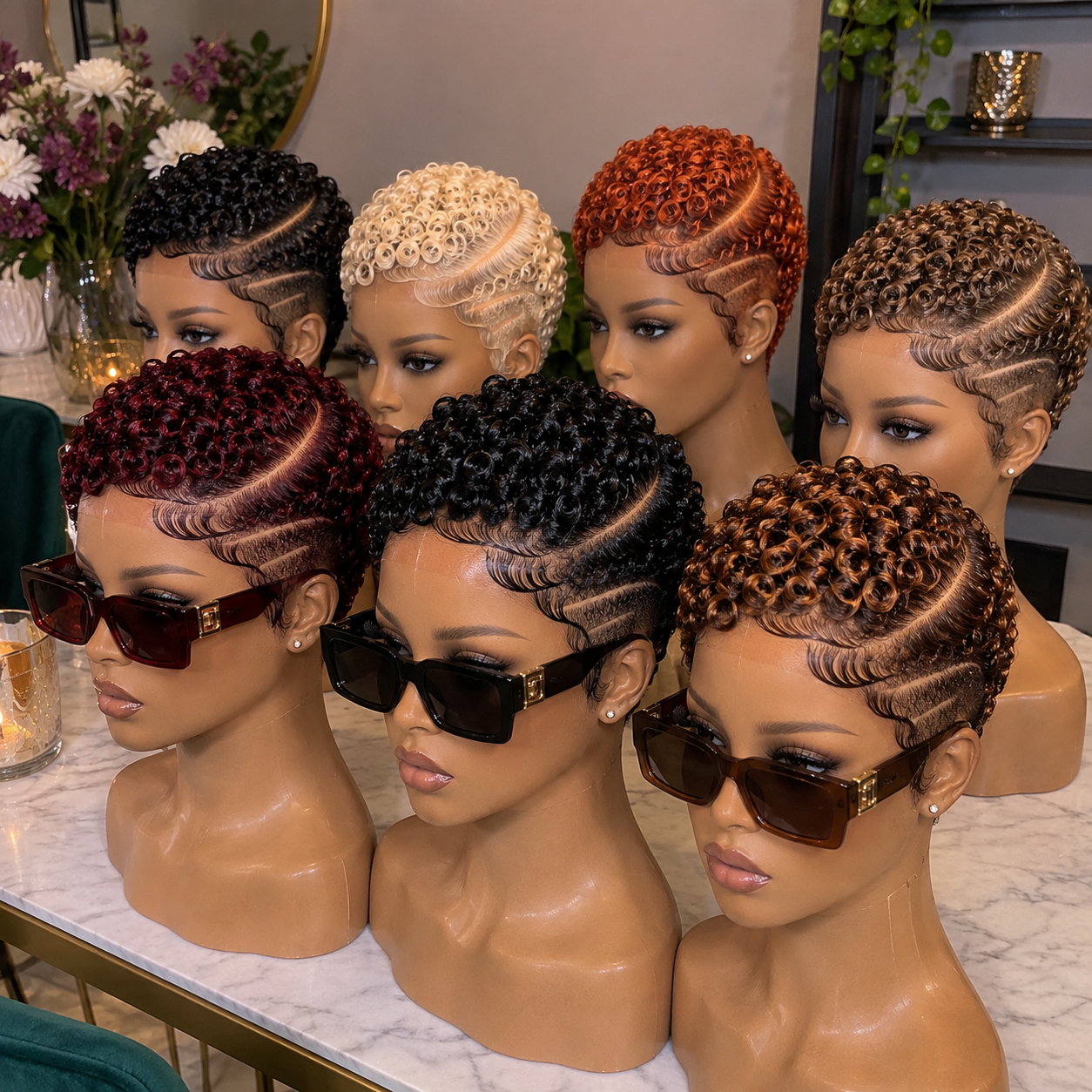 Ring Curl Pixie Wigs With Deep Side Part and Sculpted Temple Lines in Black, Burgundy, Copper, Blonde and Brown #bwi