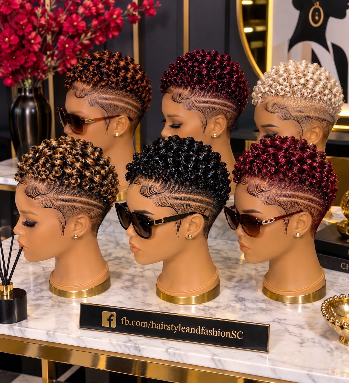 Ring Curl Pixie Wigs With Sculpted Temple Waves and Double Side Lines in Black, Copper, Burgundy and Blonde #fa