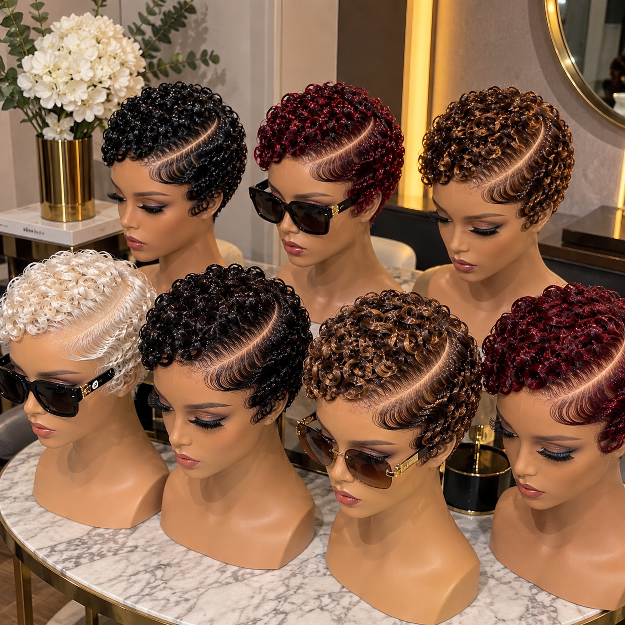Multi-Color Ring Curl Pixie Wigs With Deep Side Parts and Sculpted Temple Waves #hwb Multi-Color Ring Curl Pixie Wigs With Deep Side Parts and Sculpted Temple Waves #hwb