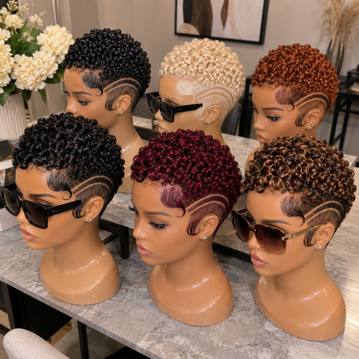 Curly Pixie Wigs With Carved Side Lines In Black, Burgundy, Blonde And Copper #br