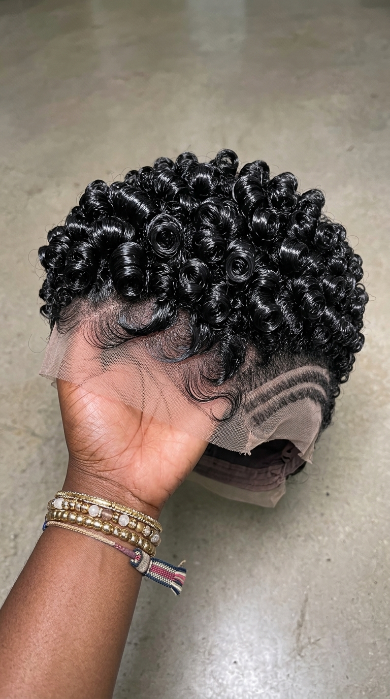 Glossy Black Ringlet Pixie Wig With Double Side Lines #bc Glossy Black Ringlet Pixie Wig With Double Side Lines #bc