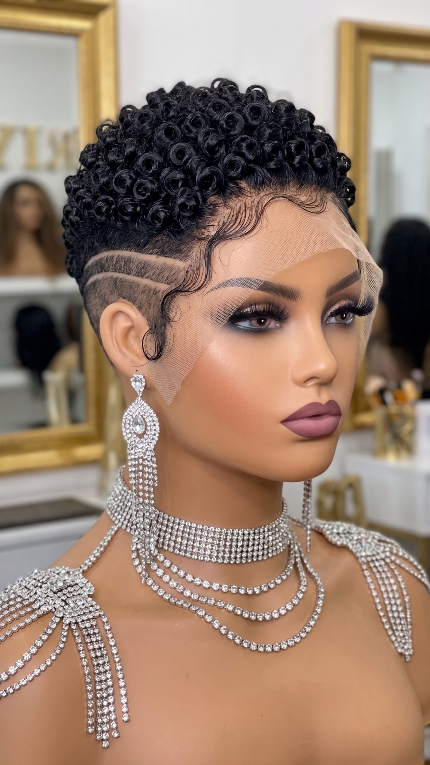 Jet Black Pin Curl Pixie Wig With Double Shaved Side Lines #HaircutStyleIdeas