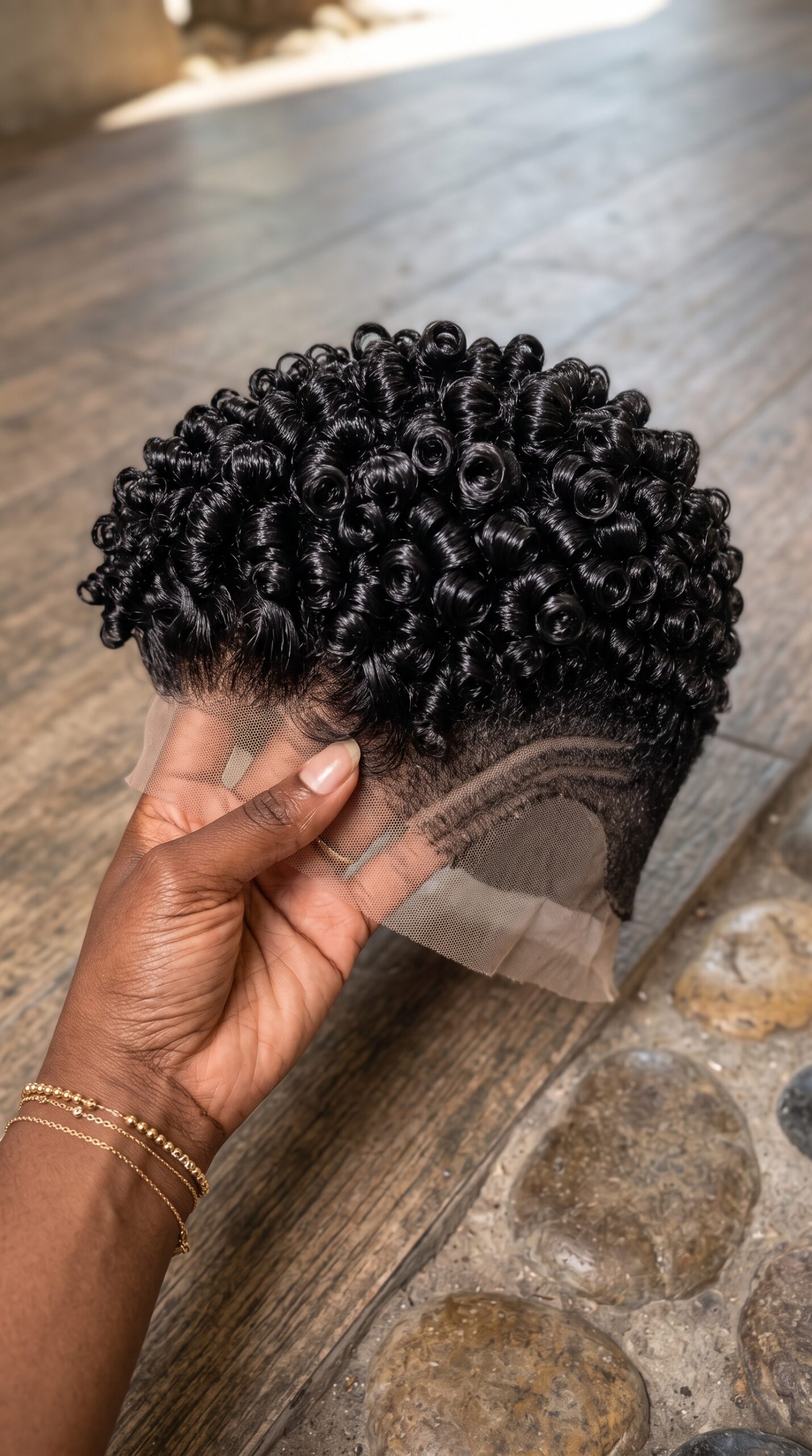 Jet Black Spiral Curl Pixie Wig With Curved Triple Side Lines #fa