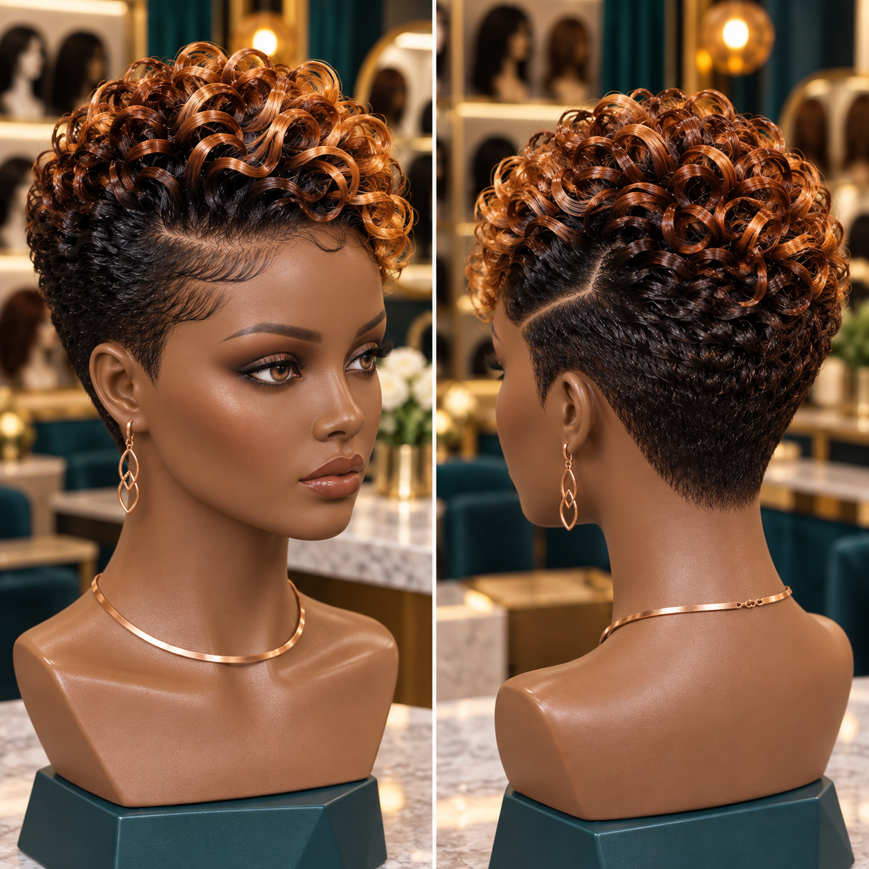 Copper Auburn Loop Curl Pixie Wig With Swept Hairline and Tapered Back #bwi Copper Auburn Loop Curl Pixie Wig With Swept Hairline and Tapered Back #bwi