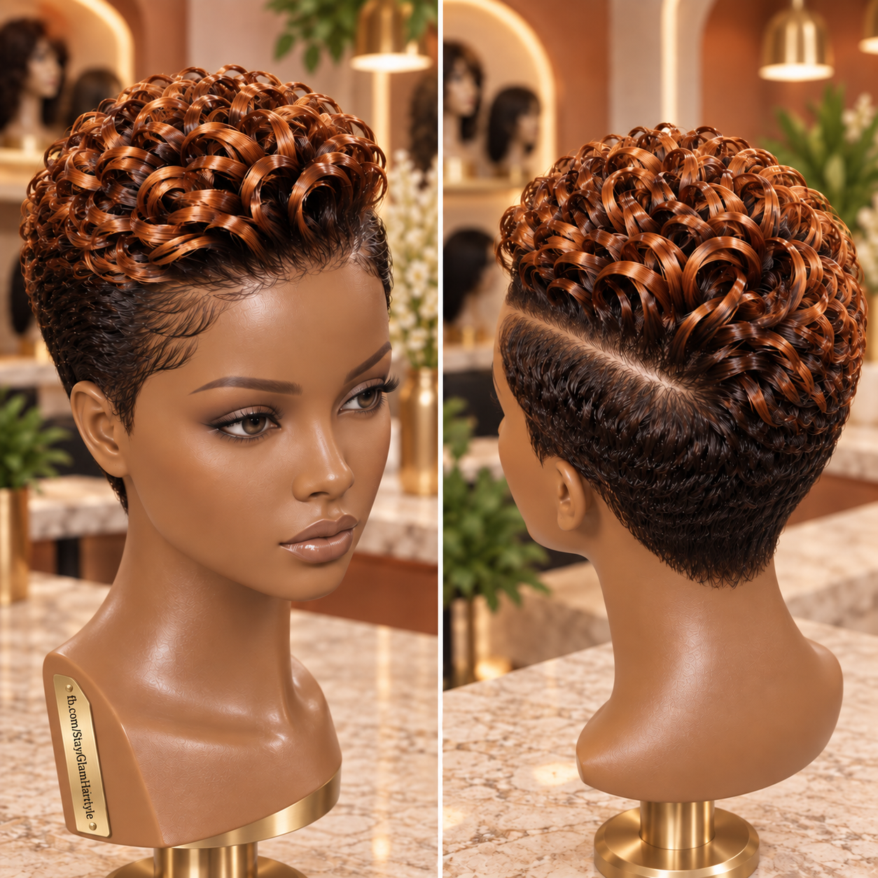 Copper Brown Loop Curl Pixie Wig With Deep Side Part and Tapered Nape #stay