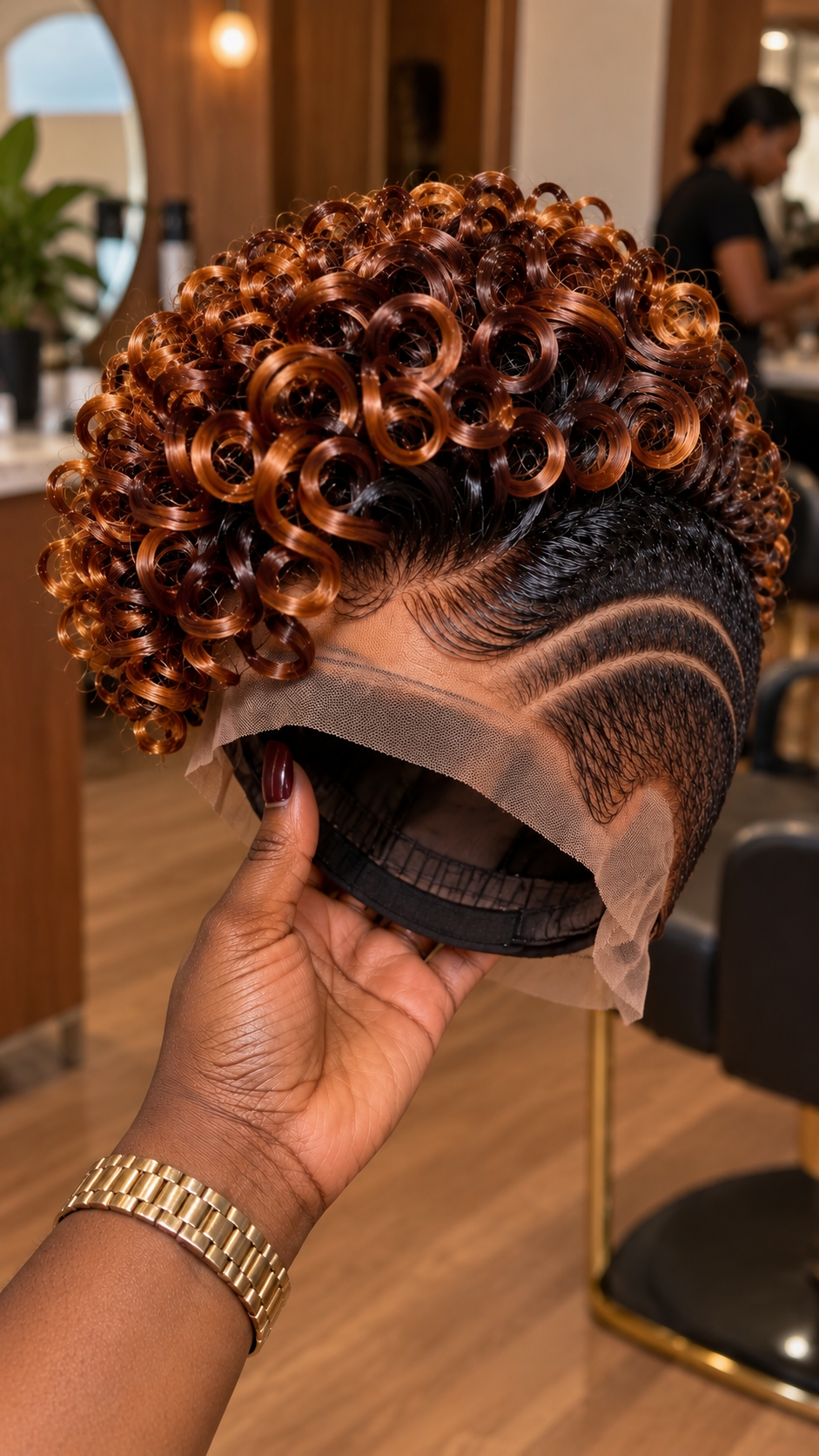 Copper Brown Spiral Curl Pixie Wig With Double Curved Side Lines #fa Copper Brown Spiral Curl Pixie Wig With Double Curved Side Lines #fa