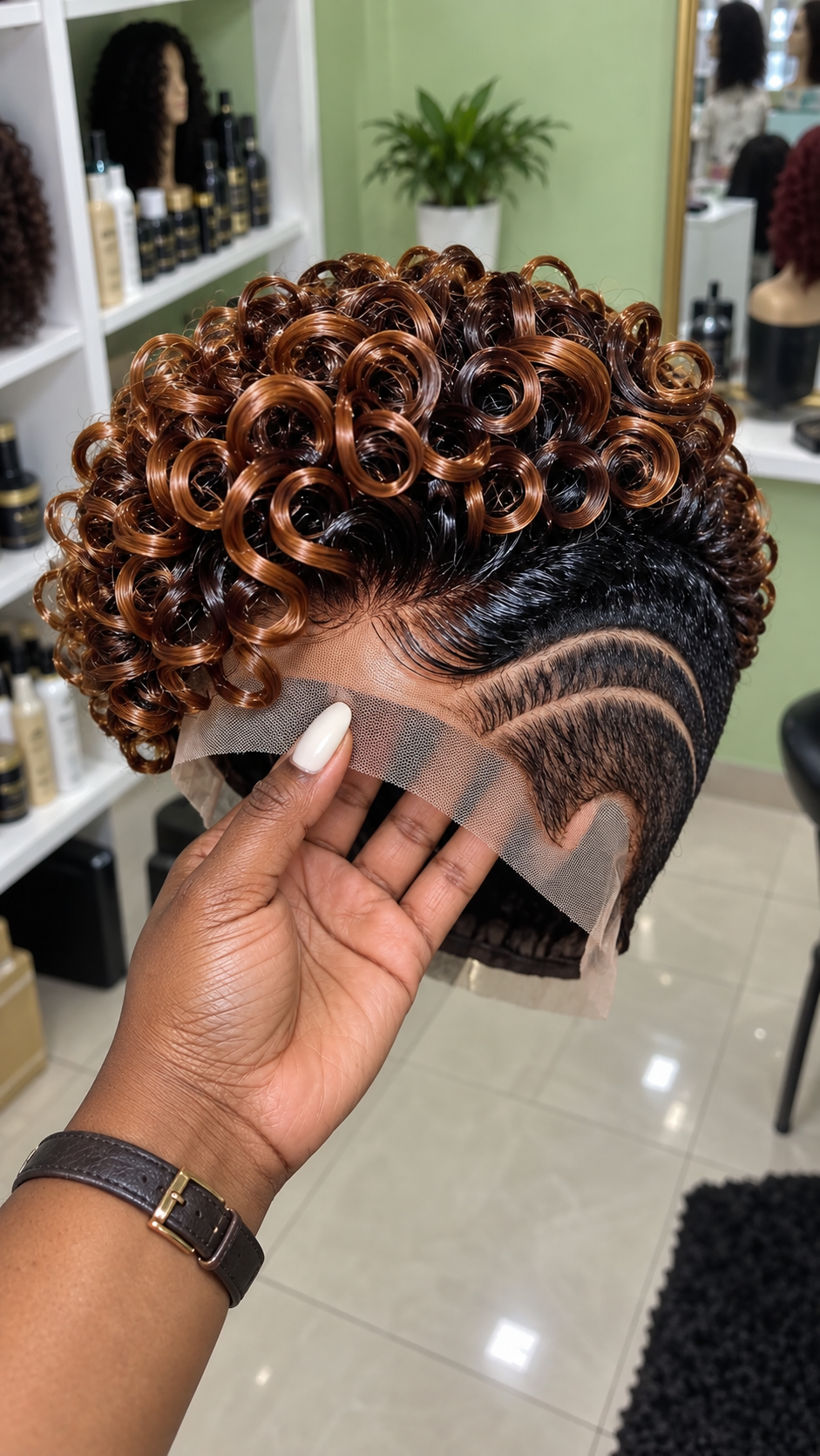 Copper Ringlet Pixie Wig With Jet Black Sides And Curved Double Lines #fa Copper Ringlet Pixie Wig With Jet Black Sides And Curved Double Lines #fa
