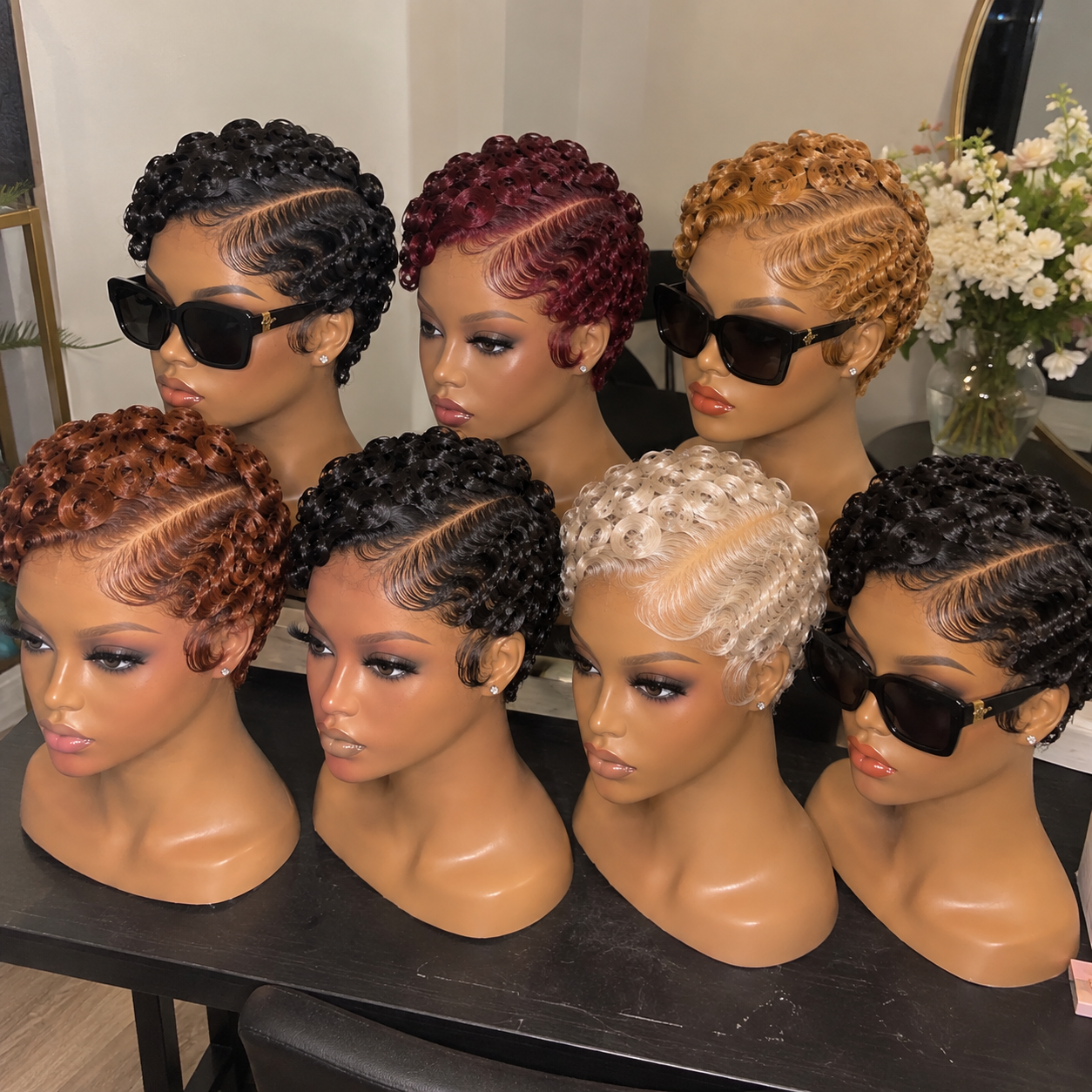 Curly Pixie Wig Collection With Sculpted Side Parts and Seven Hair Colors #br