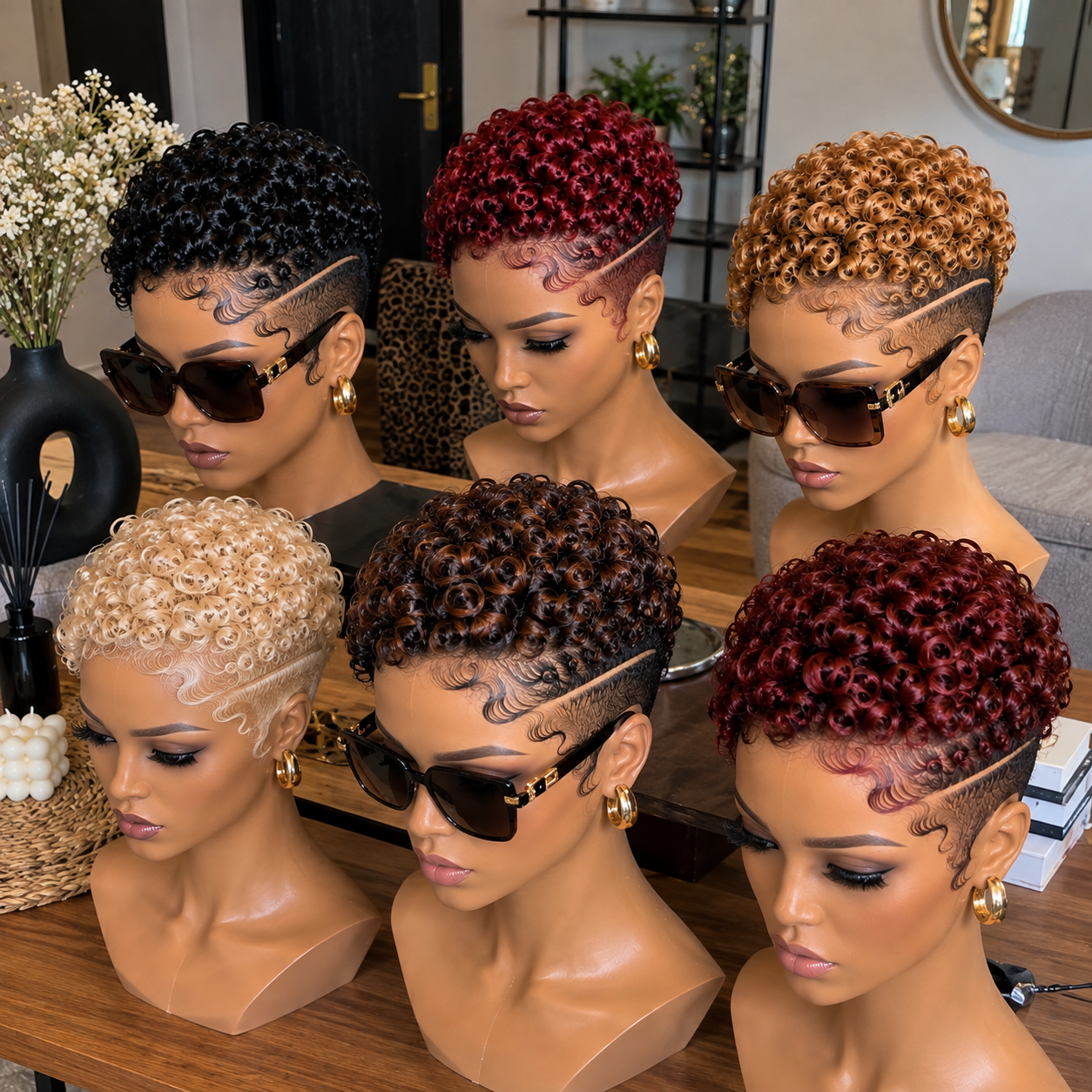 Curly Pixie Wig With Sculpted Side Waves and Diagonal Line Detail #br