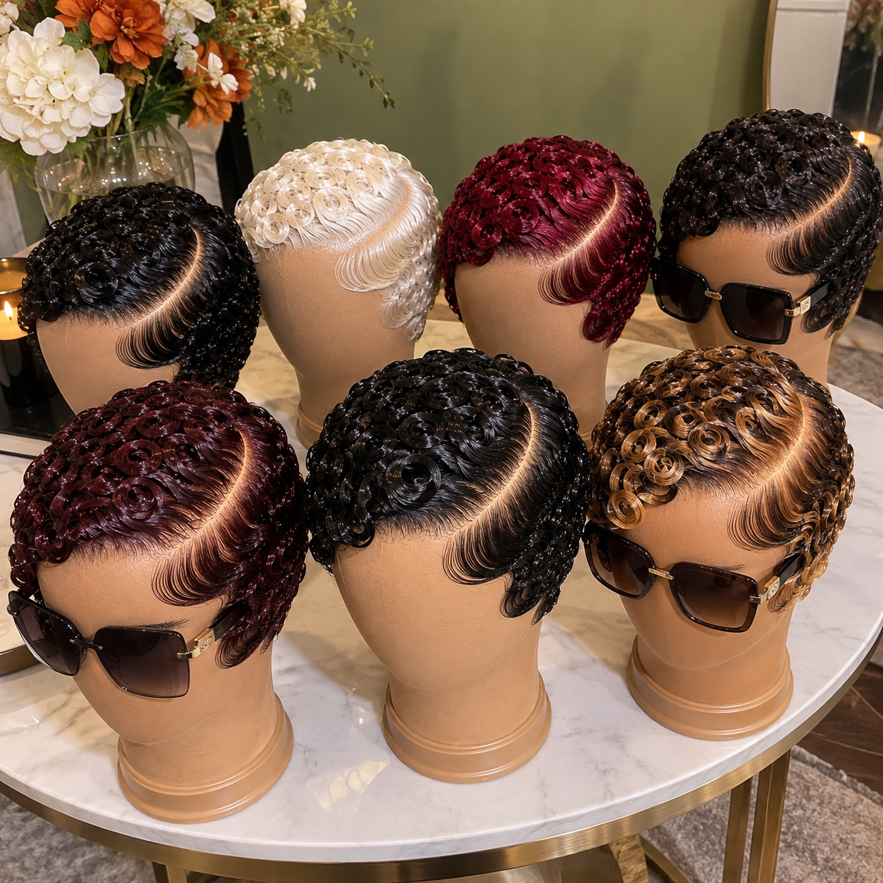 Glossy Ring Curl Pixie Wigs With Deep Curved Side Parts and Sculpted Wave Panels #bwi
