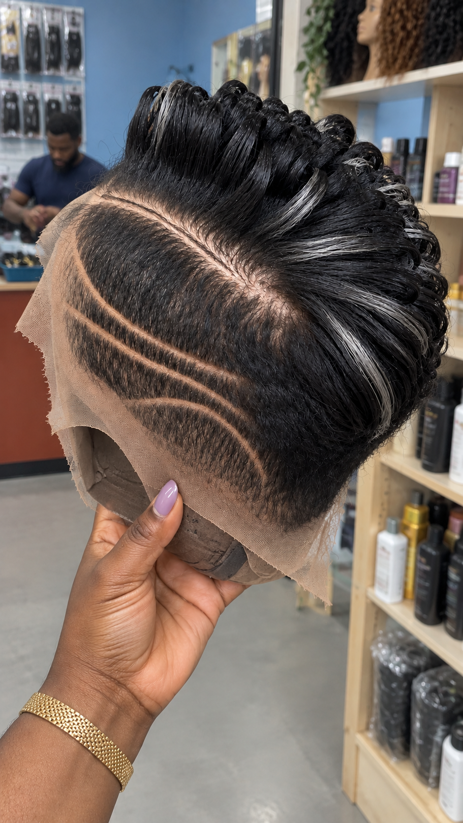 Jet Black Loop Curl Pixie Wig With Silver Streaks and Double Side Lines #hwbh Jet Black Loop Curl Pixie Wig With Silver Streaks and Double Side Lines #hwbh